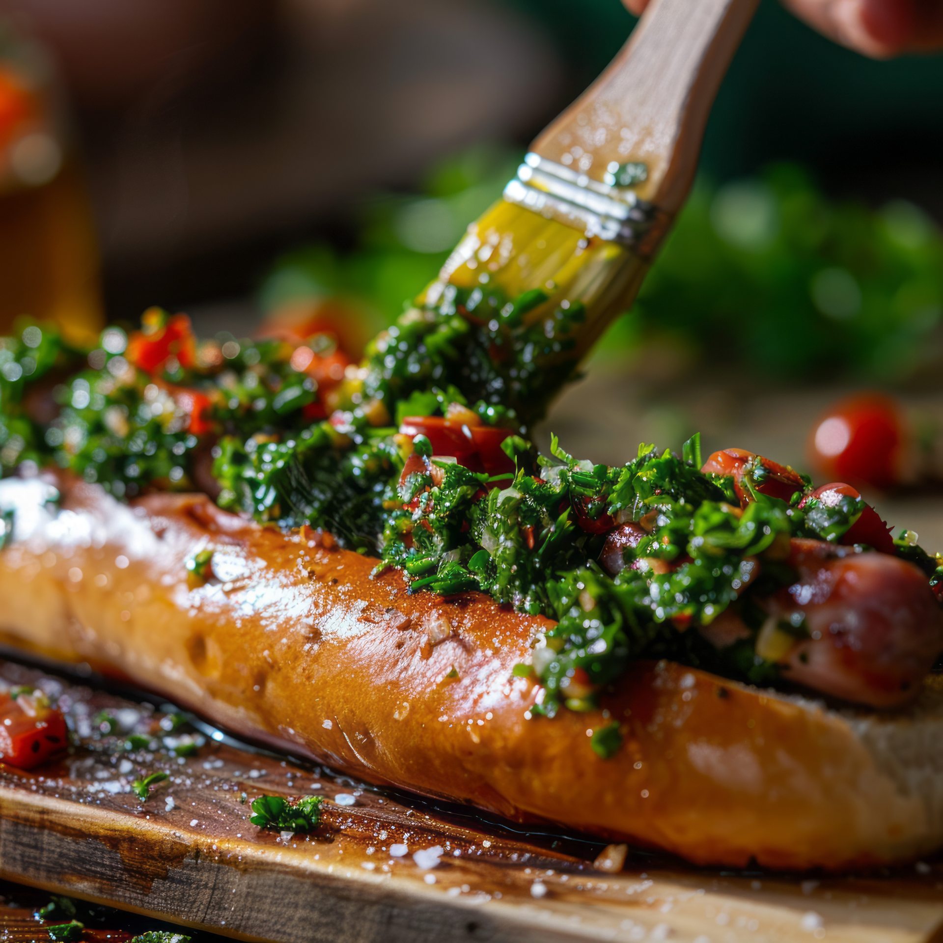 Smoky Argentinian Choripán with Chimichurri Sauce — Main Course served and photographed from above