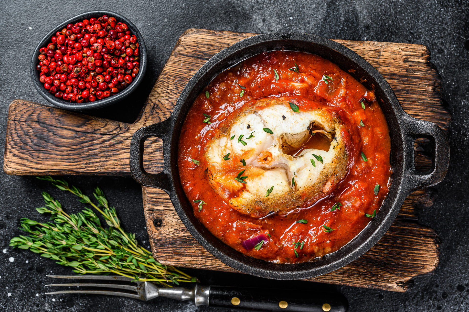 Overhead flat-lay of all ingredients for Smoky Basque Bacalao a la Vizcaina with Red Peppers laid out on a kitchen surface.