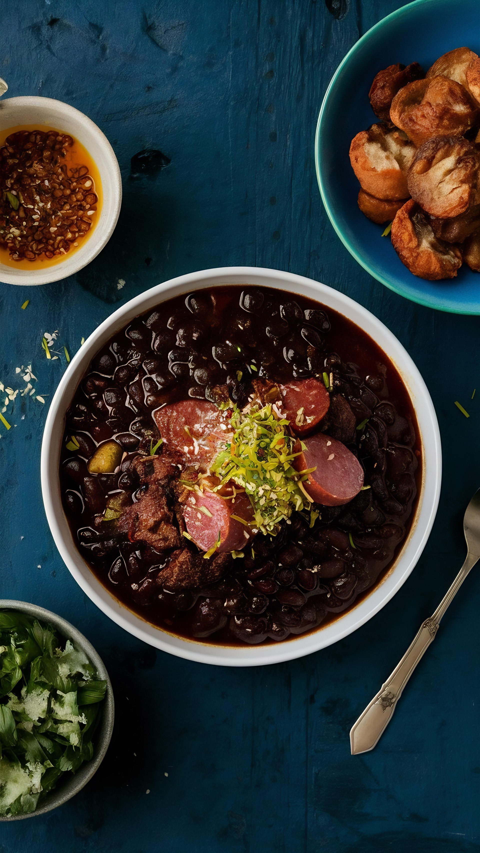 Overhead flat-lay of all ingredients for Smoky Brazilian Feijoada Bites with Black Bean Dip laid out on a kitchen surface.