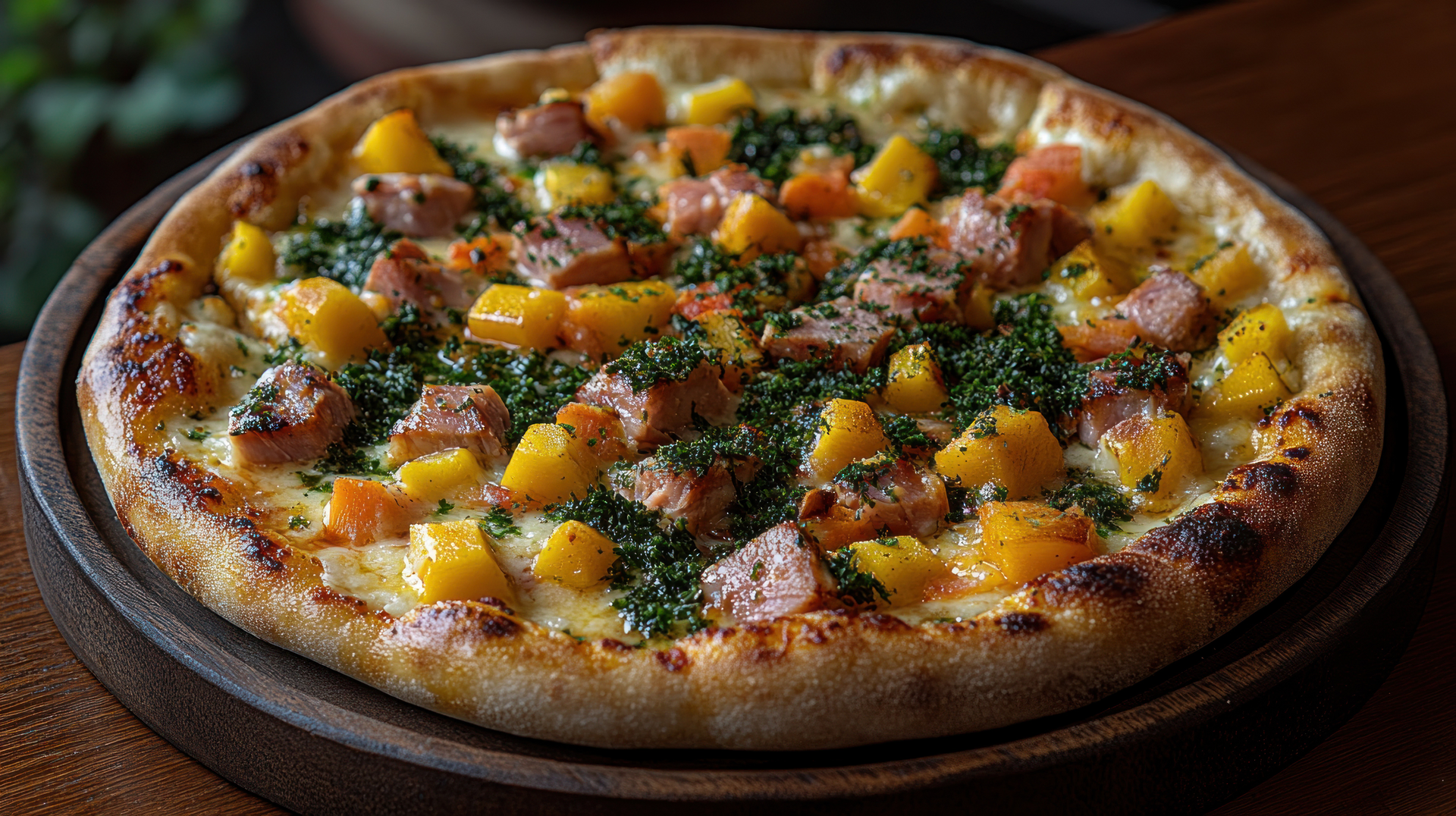 Overhead flat-lay of all ingredients for Smoky Brazilian Feijoada Pizza with Grilled Pineapple laid out on a kitchen surface.