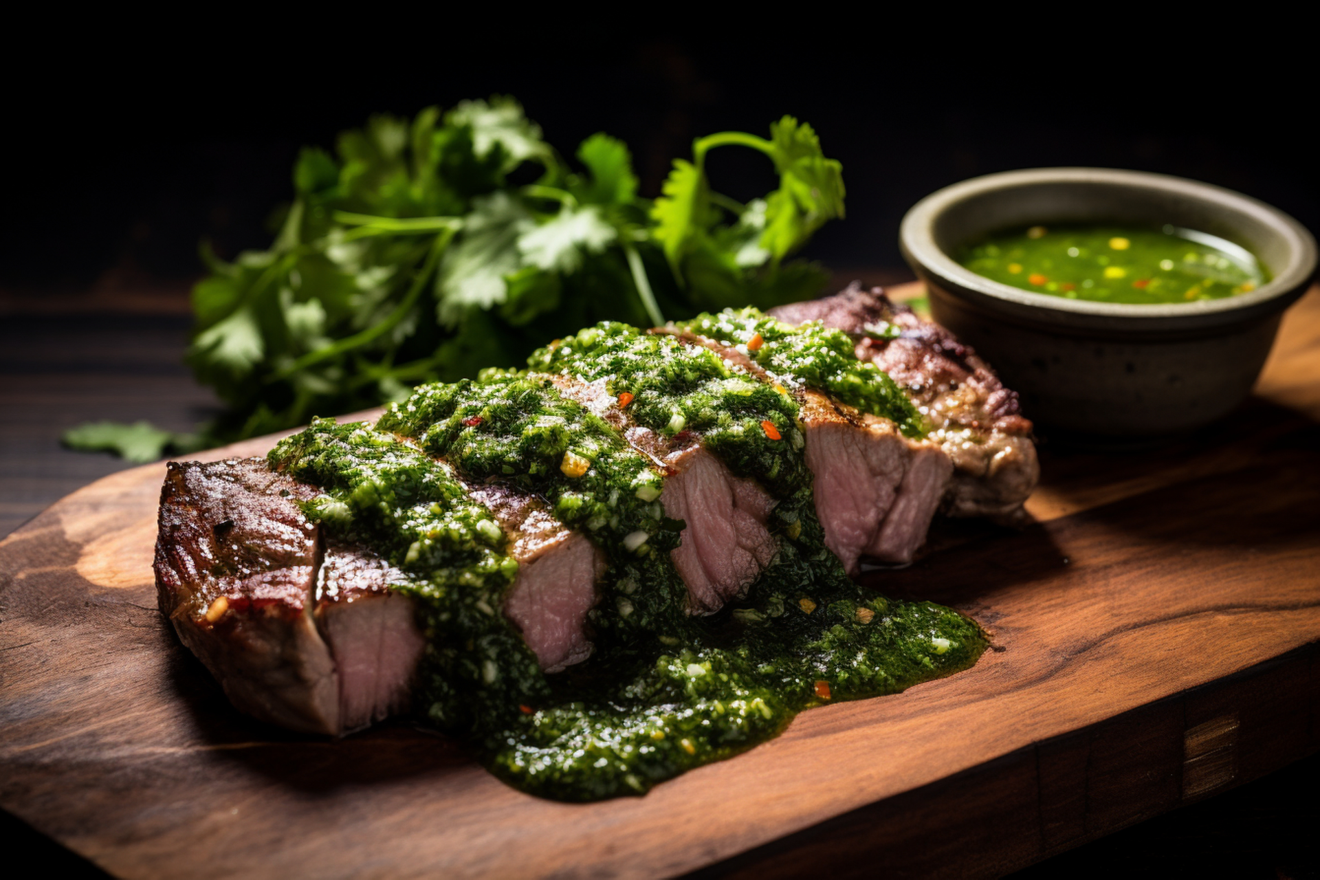 Overhead flat-lay of all ingredients for Smoky Brazilian Picanha Roast with Chimichurri Sauce laid out on a kitchen surface.