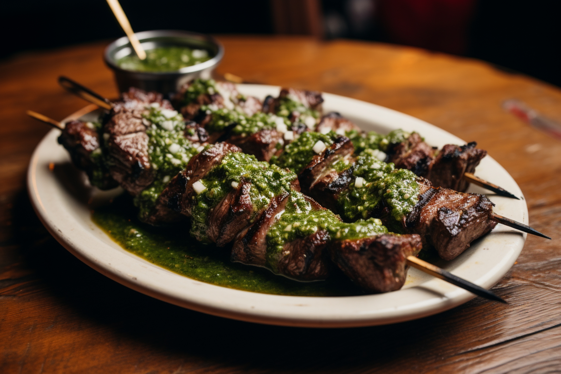 Overhead flat-lay of all ingredients for Smoky Brazilian Picanha Skewers with Chimichurri Sauce laid out on a kitchen surface.