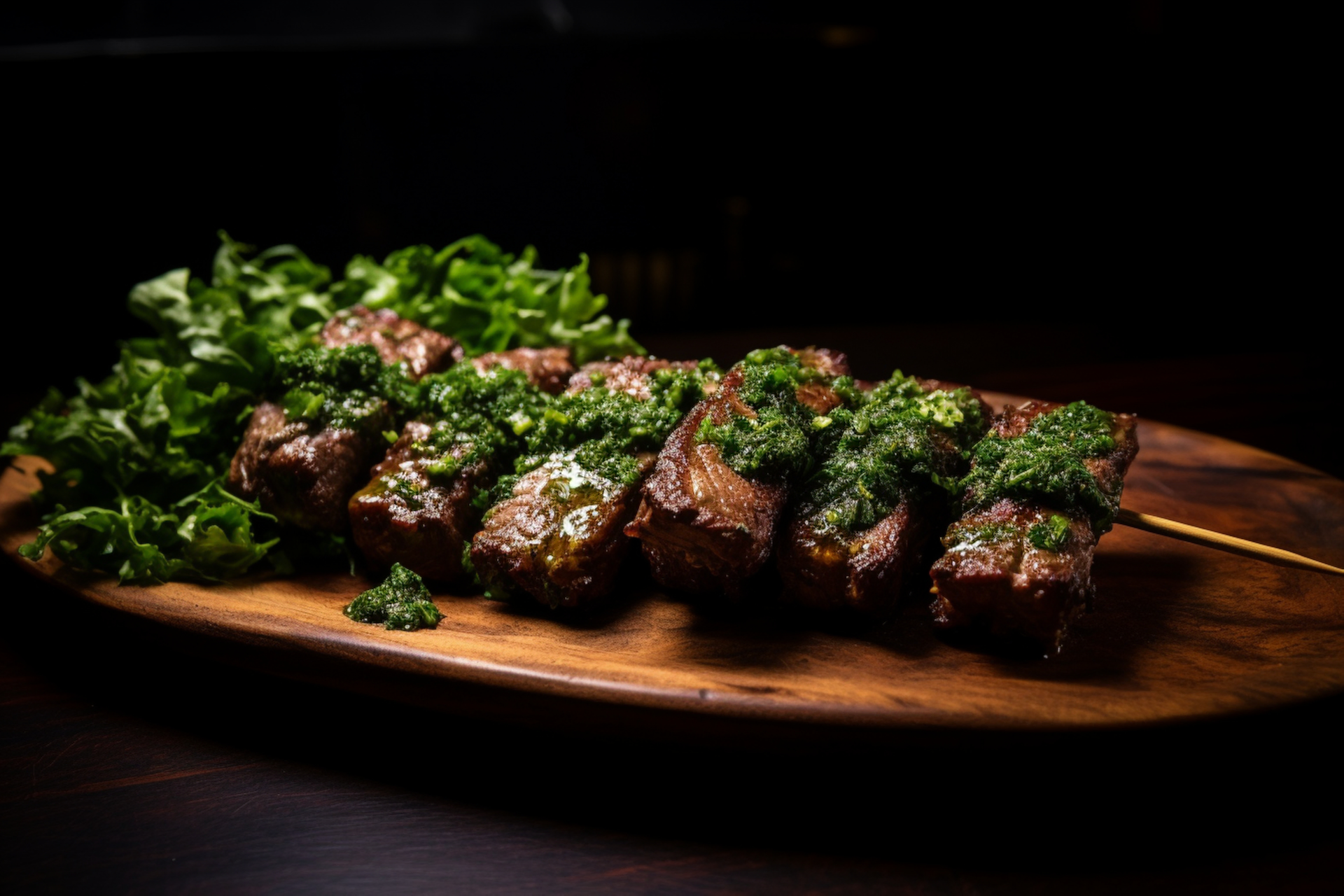 Smoky Brazilian Picanha Skewers with Chimichurri Sauce — Main Course served and photographed from above