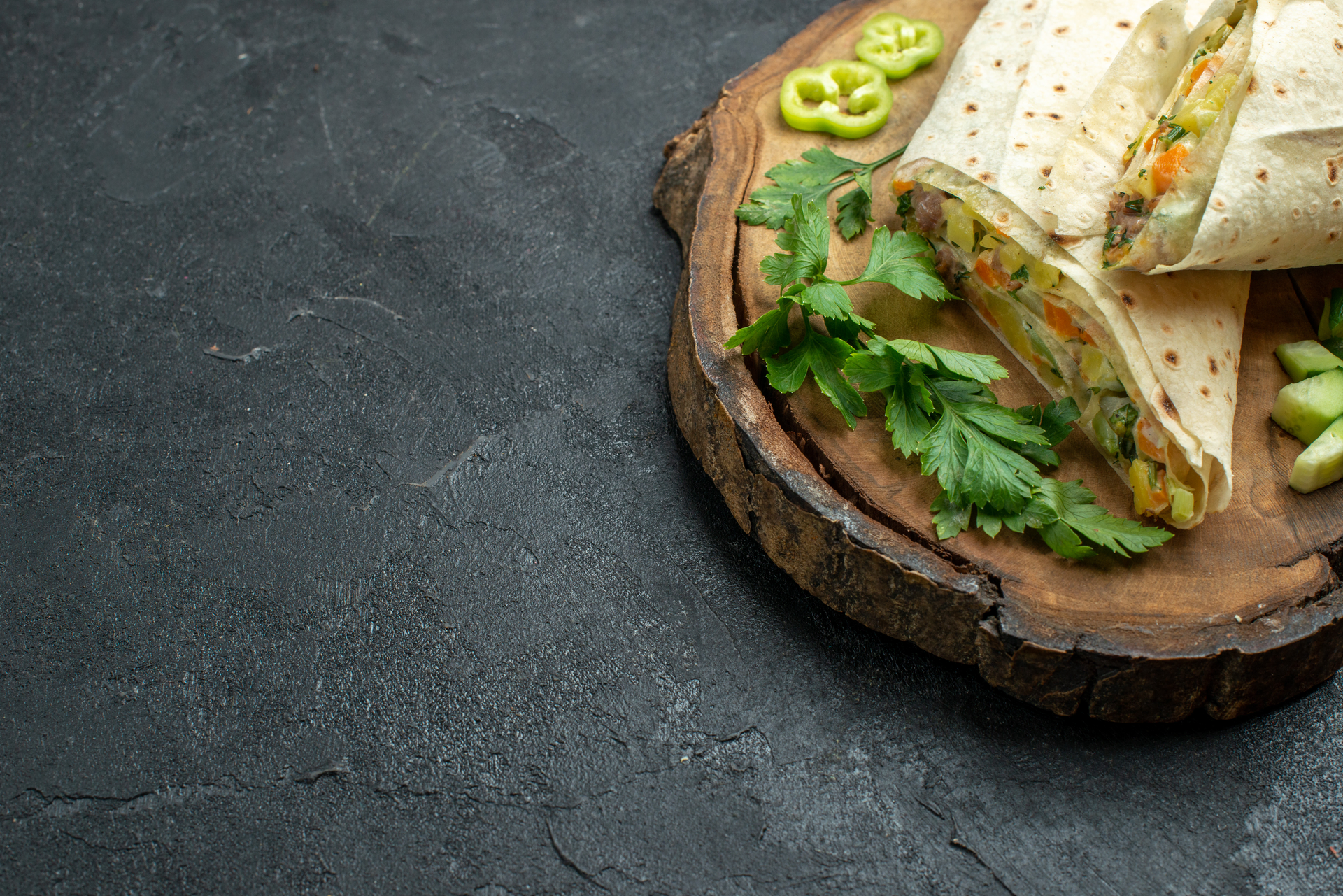 Smoky Egyptian Hawawshi Wraps with Fresh Mint and Lemon — Main Course served and photographed from above