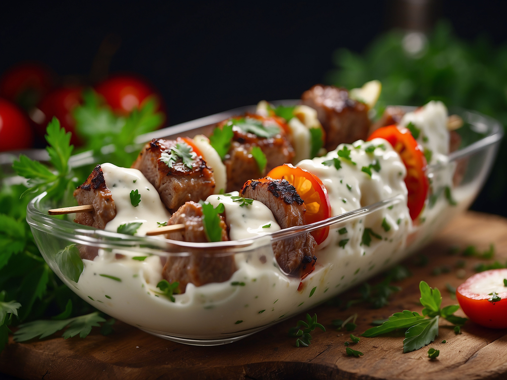 Smoky Greek Lamb Kebabs with Tzatziki Sauce — Main Course served and photographed from above