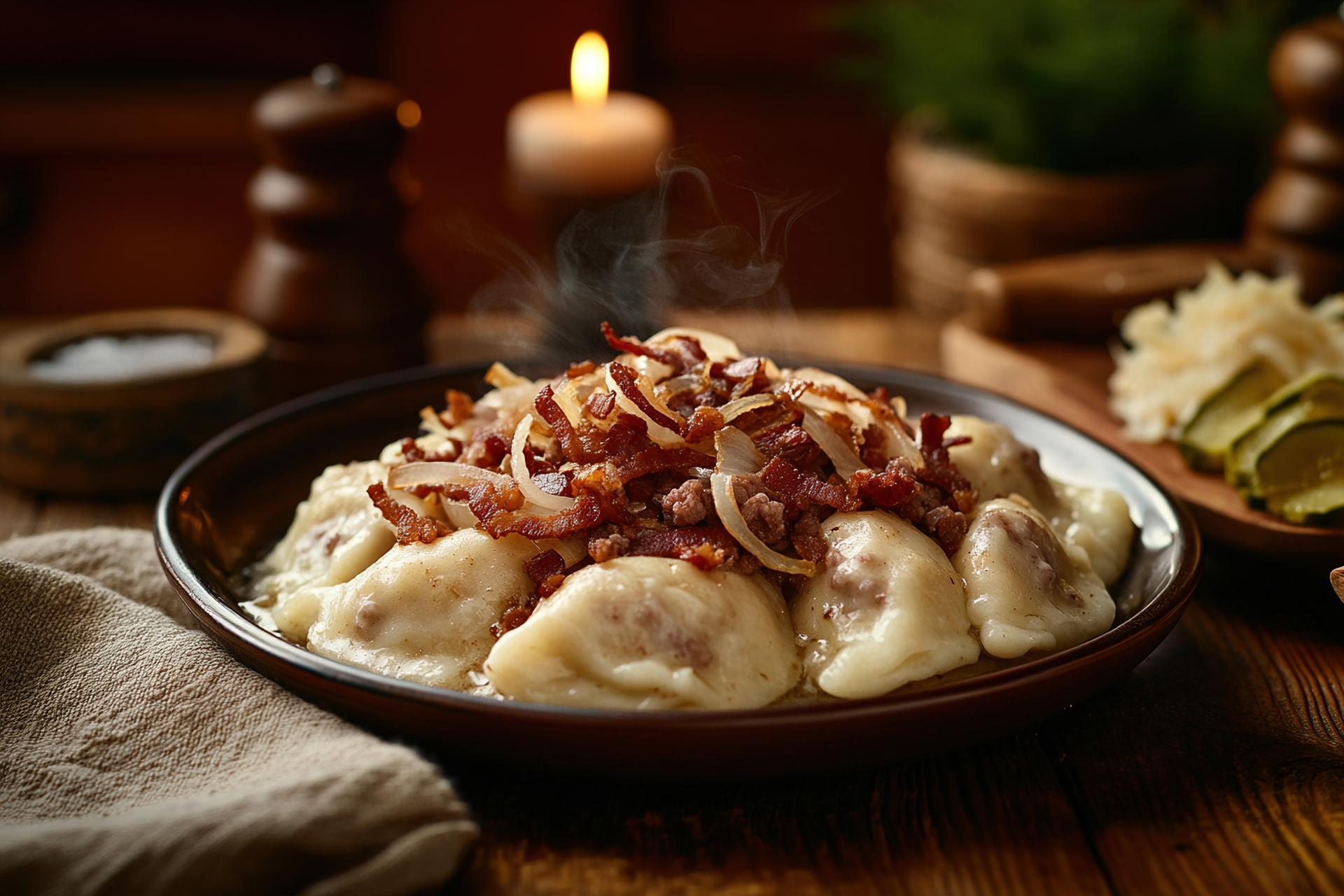 Smoky Hungarian Pörkölt with Caraway and Parsley Dumplings — Main Course served and photographed from above