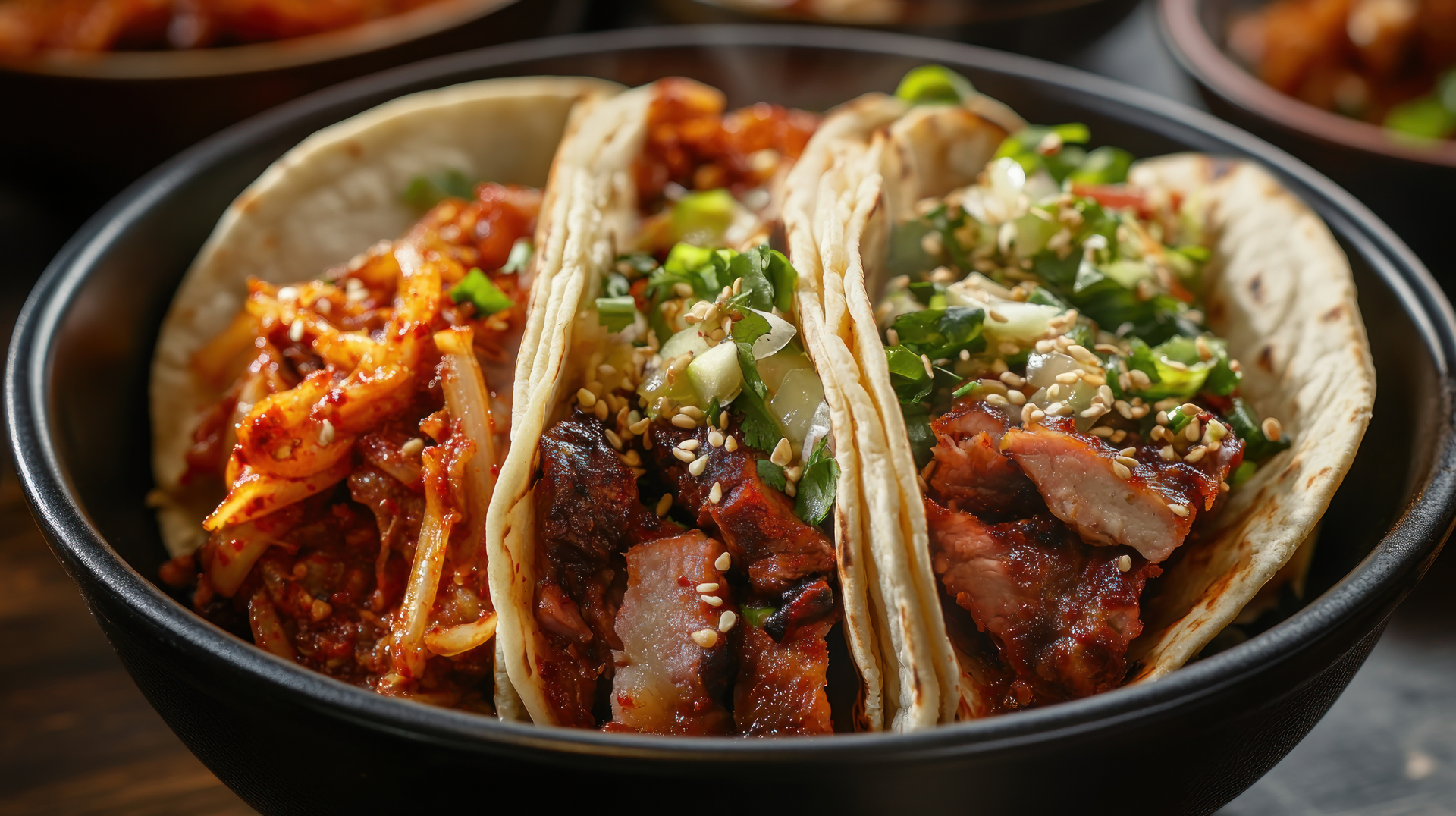 Overhead flat-lay of all ingredients for Smoky Korean Bulgogi Tacos with Kimchi Relish laid out on a kitchen surface.