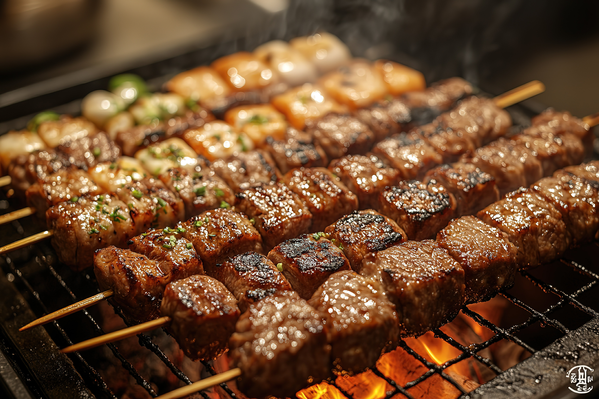 Overhead flat-lay of all ingredients for Smoky Korean Galbi BBQ Skewers with Sesame-Ginger Glaze laid out on a kitchen surface.