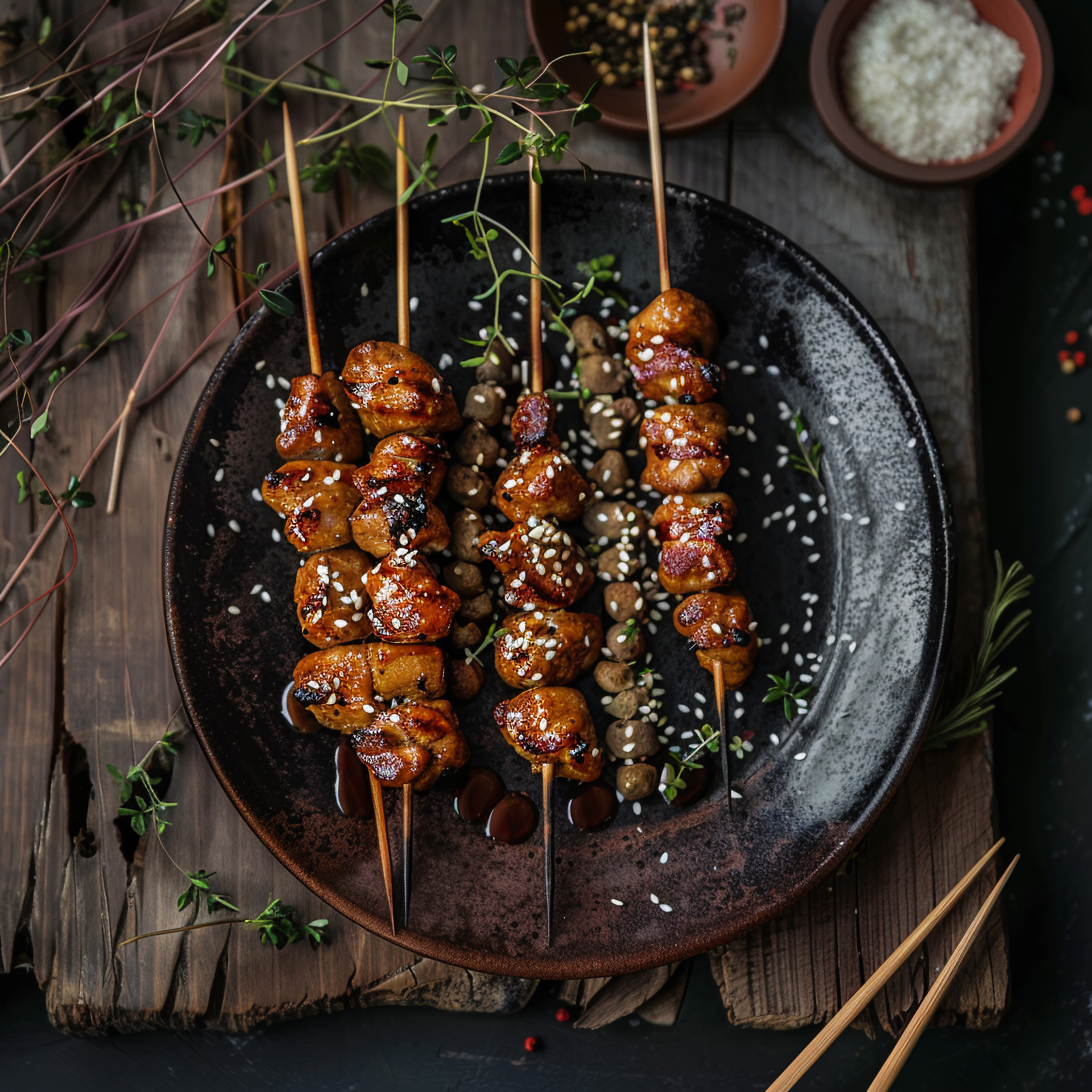Smoky Korean Galbi BBQ Skewers with Sesame-Ginger Glaze — Main Course served and photographed from above