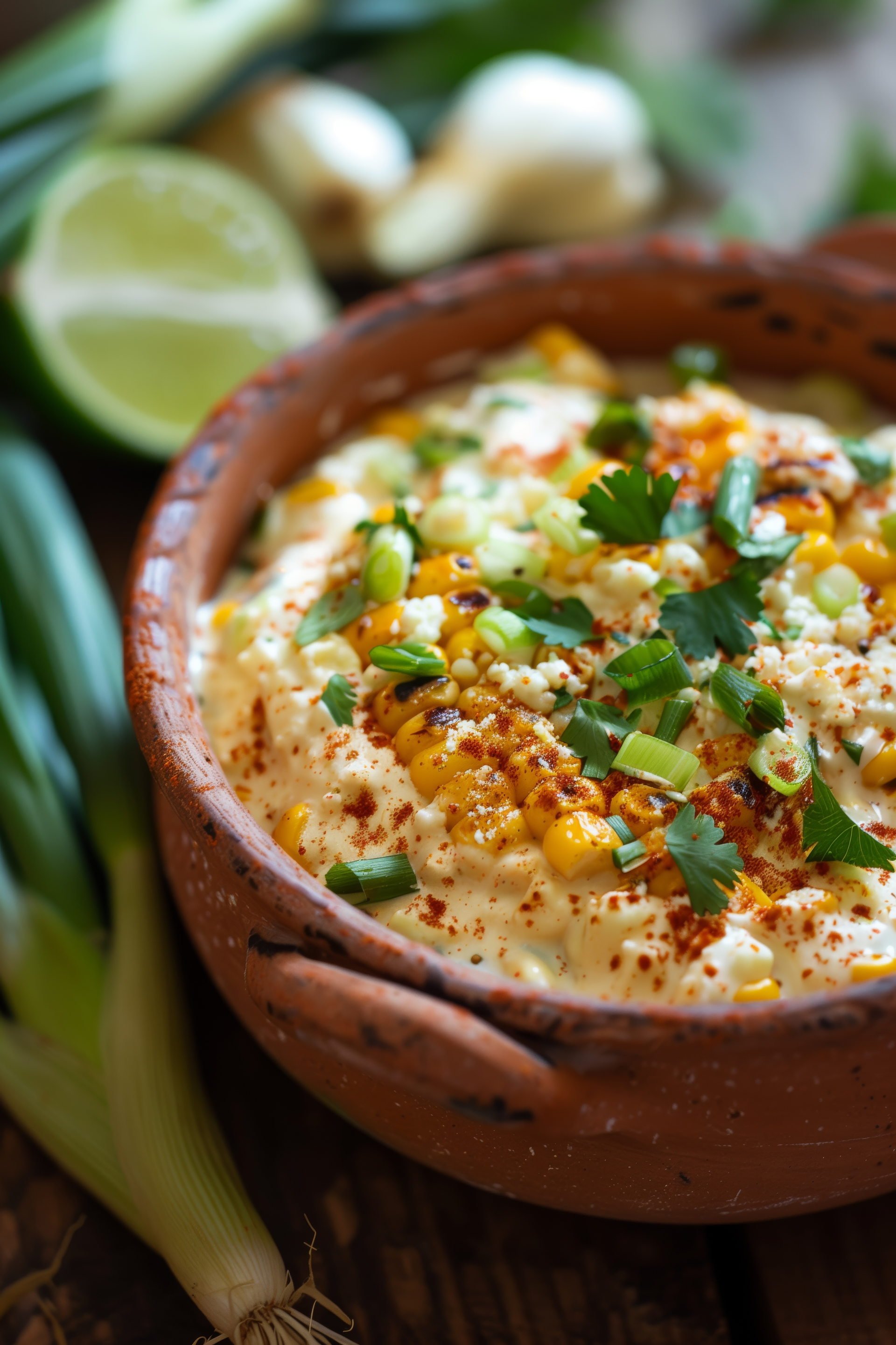 Overhead flat-lay of all ingredients for Smoky Mexican Elote Corn Dip with Cotija Cheese laid out on a kitchen surface.