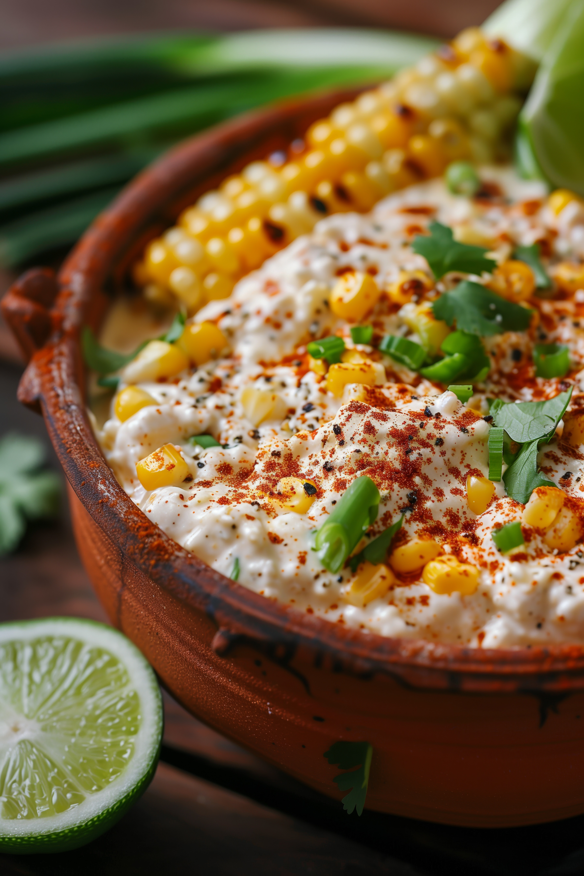 Smoky Mexican Elote Corn Dip with Cotija Cheese — Appetizer served and photographed from above
