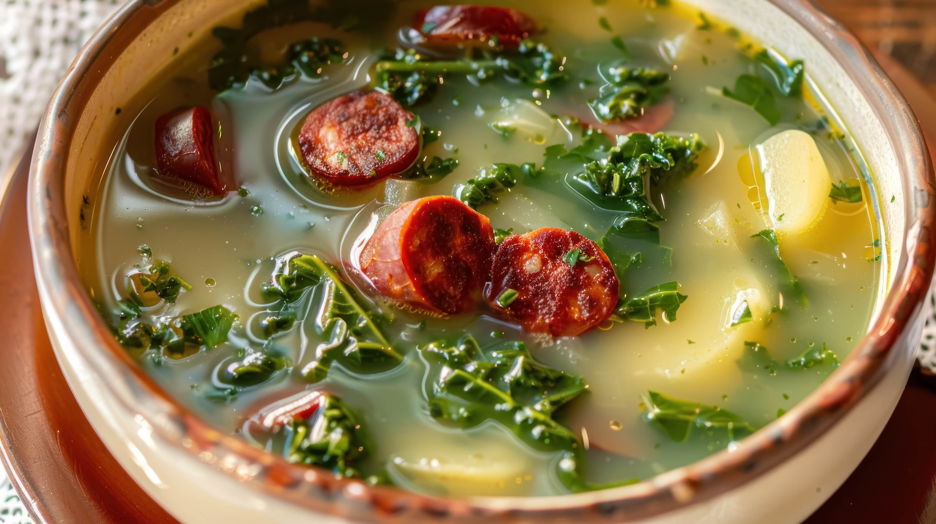Overhead flat-lay of all ingredients for Smoky Portuguese Caldo Verde with Chorizo and Kale laid out on a kitchen surface.