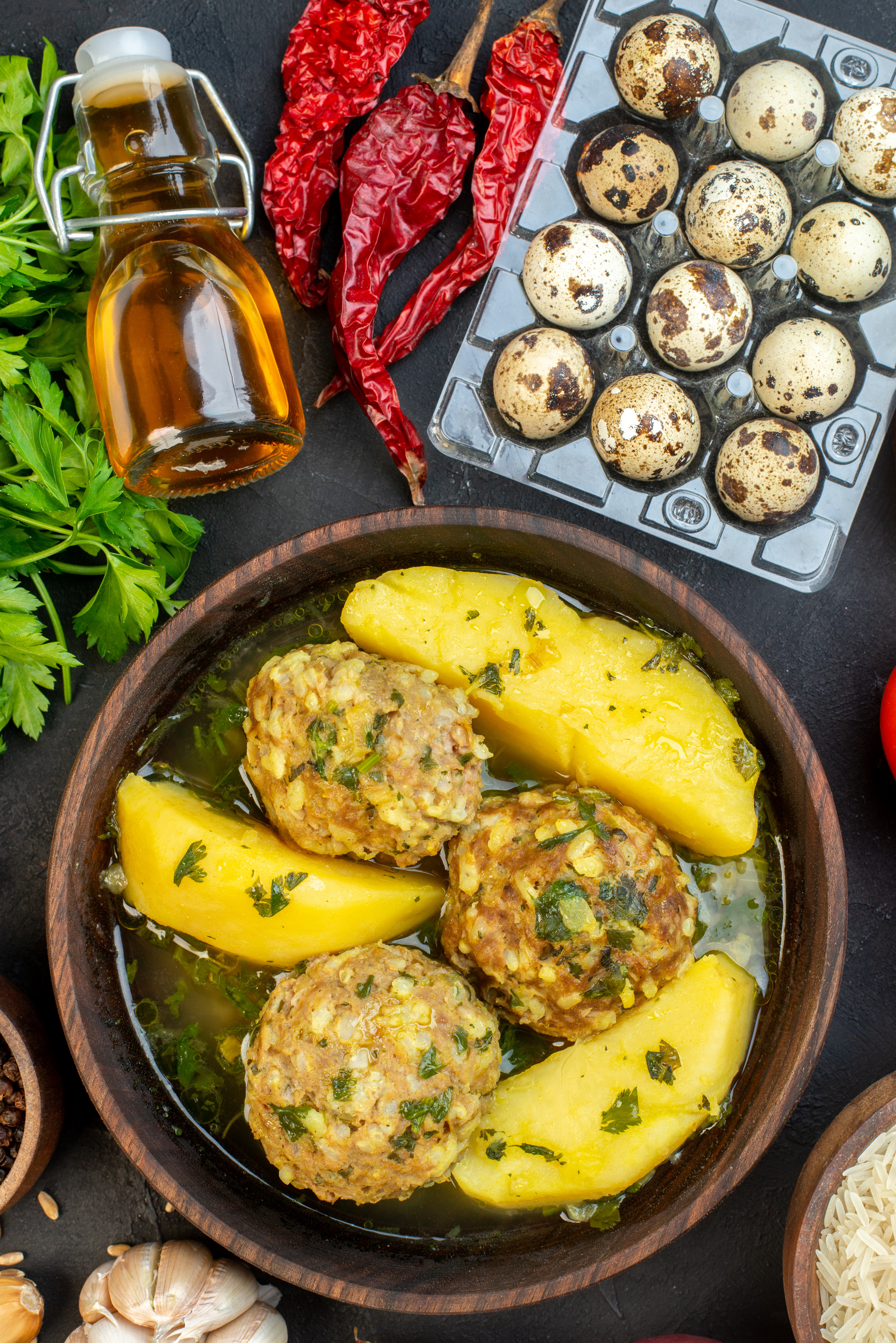 Overhead flat-lay of all ingredients for Smoky Scottish Haggis with Neeps and Tatties laid out on a kitchen surface.