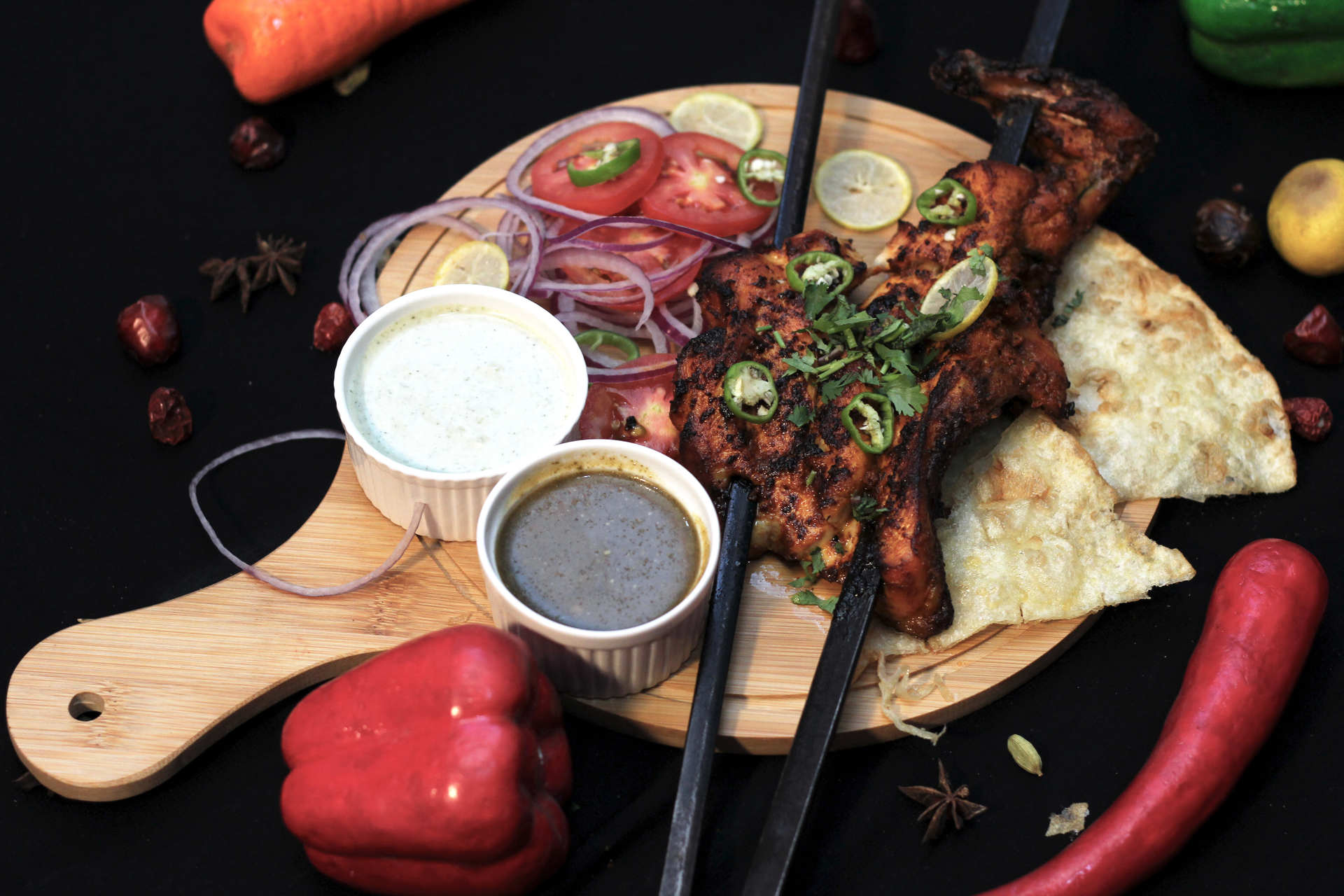 Smoky Syrian Grilled Lamb Kebab with Sumac and Yogurt Sauce — Main Course served and photographed from above