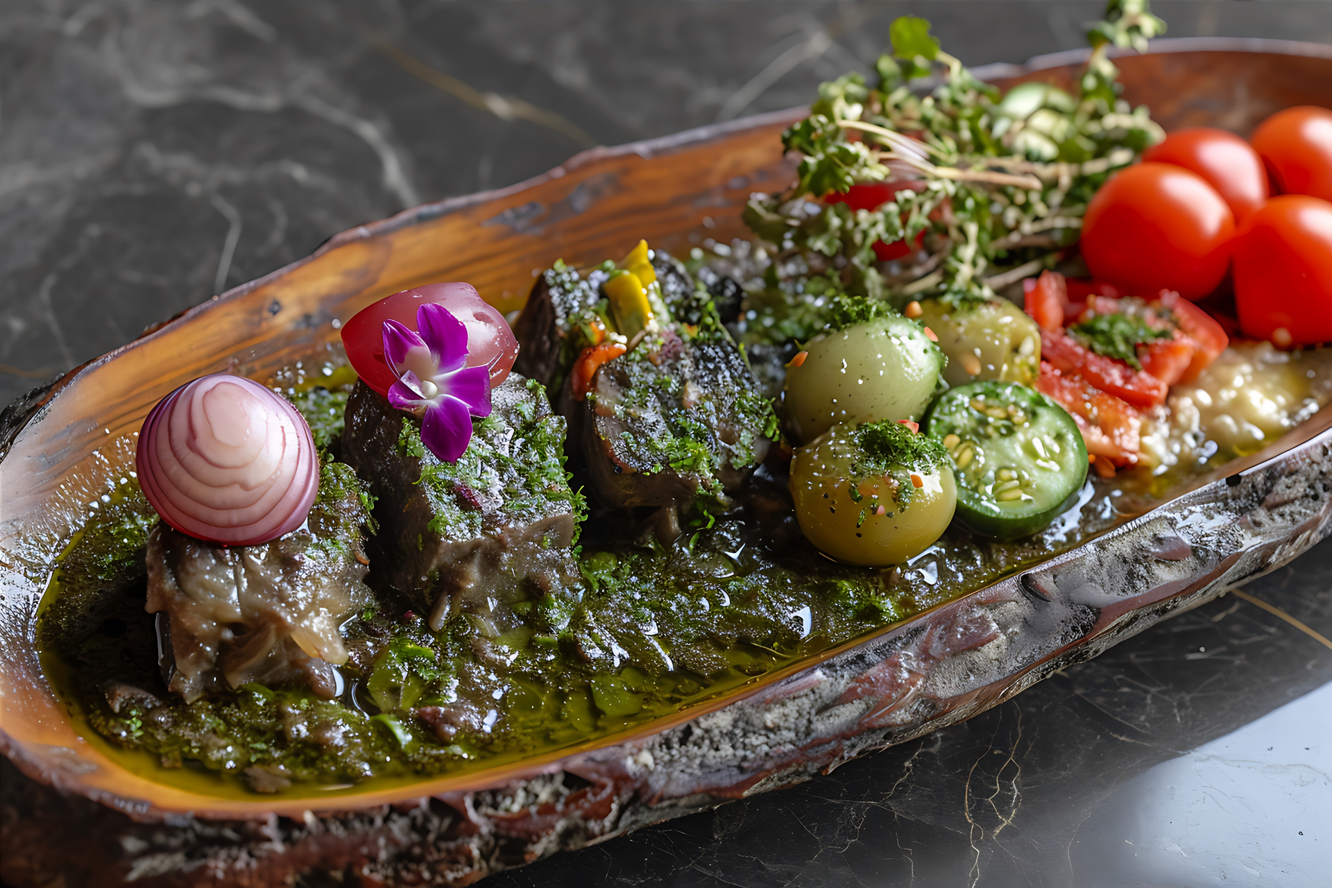 Overhead flat-lay of all ingredients for Smoky Tunisian Lamb Ful Medames with Olive Relish laid out on a kitchen surface.