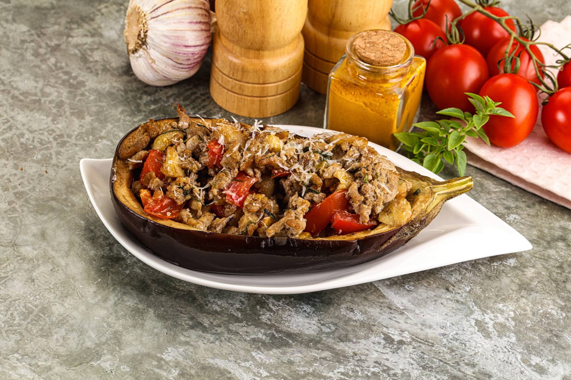 Smoky Turkish Karniyarik with Eggplant and Minced Lamb — Main Course served and photographed from above