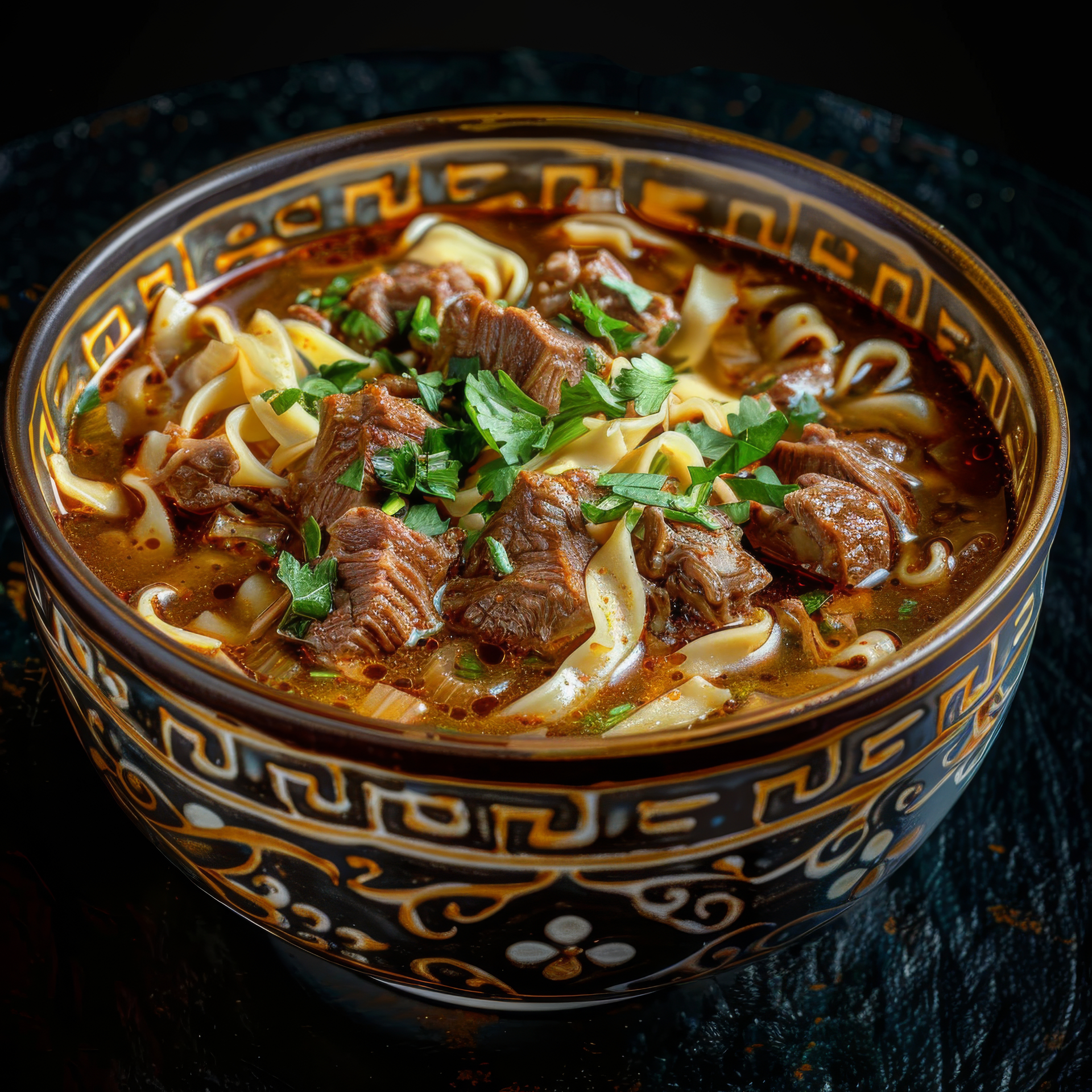 Overhead flat-lay of all ingredients for Smoky Uzbek Lagman Soup with Lamb and Noodles laid out on a kitchen surface.