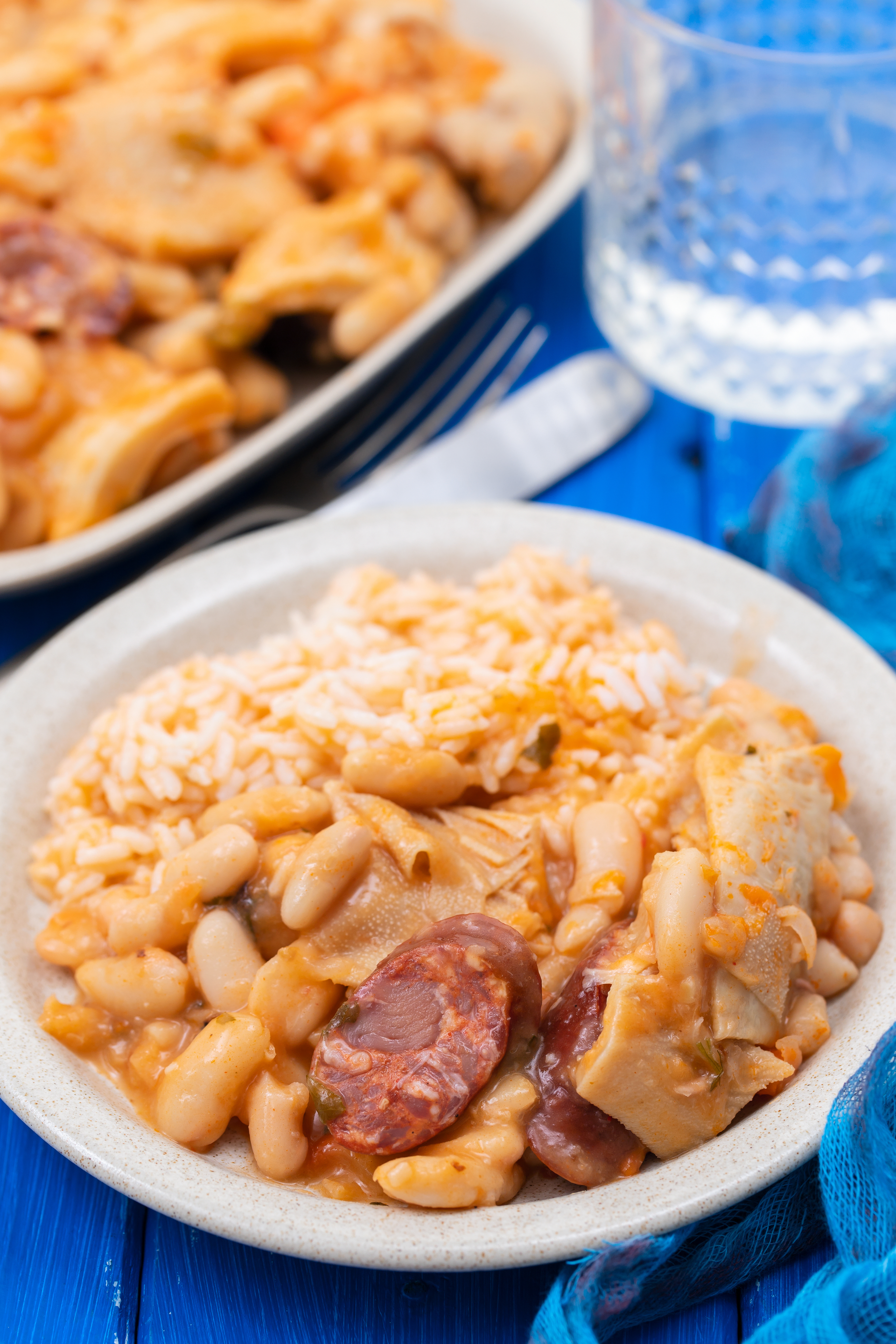 Spanish Saffron and Chorizo Stew with White Beans — Main Course served and photographed from above