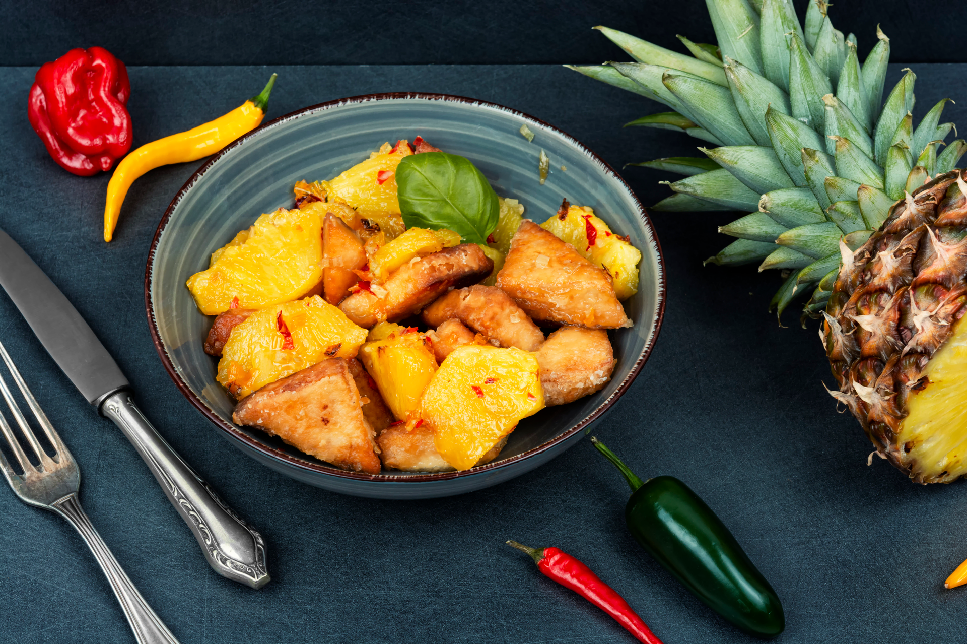 Overhead flat-lay of all ingredients for Spiced Filipino Chicken Adobo with Pineapple Chunks laid out on a kitchen surface.