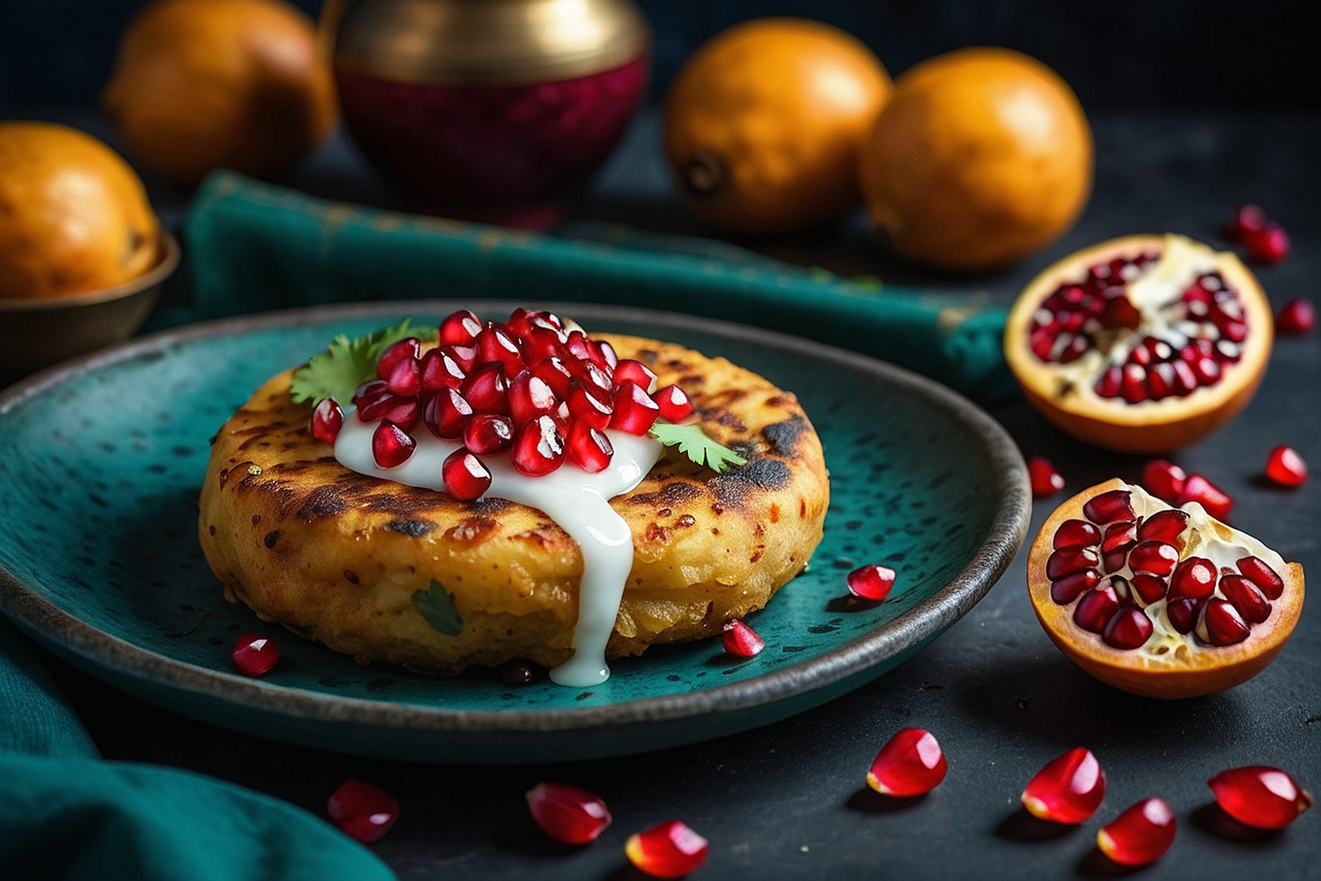 Overhead flat-lay of all ingredients for Spiced Lebanese Mango Kibbeh with Pomegranate Drizzle laid out on a kitchen surface.