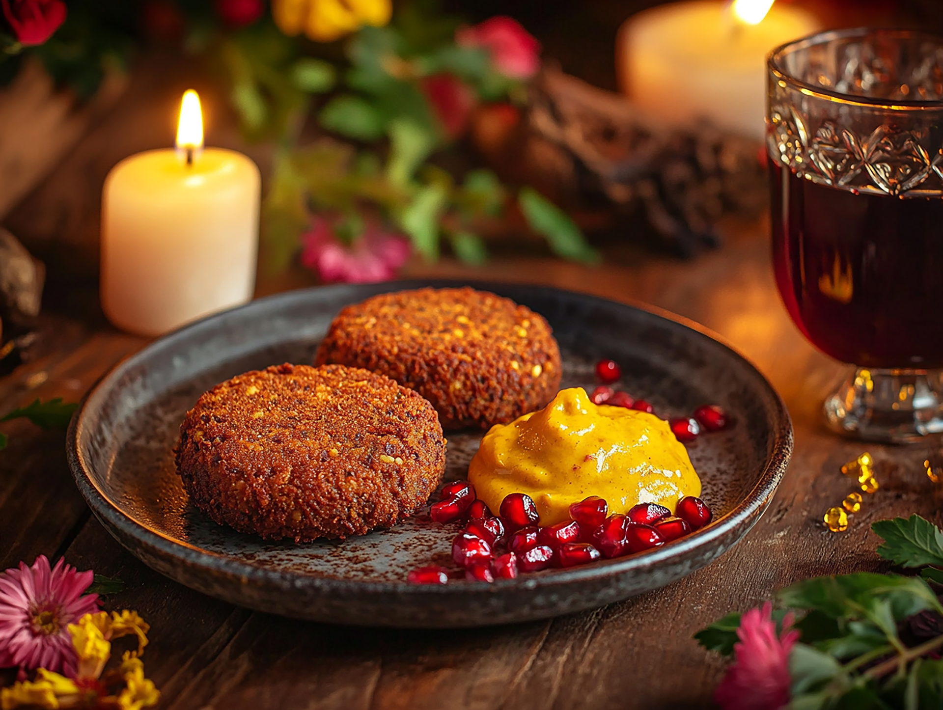 Spiced Lebanese Mango Kibbeh with Pomegranate Drizzle — Appetizer served and photographed from above
