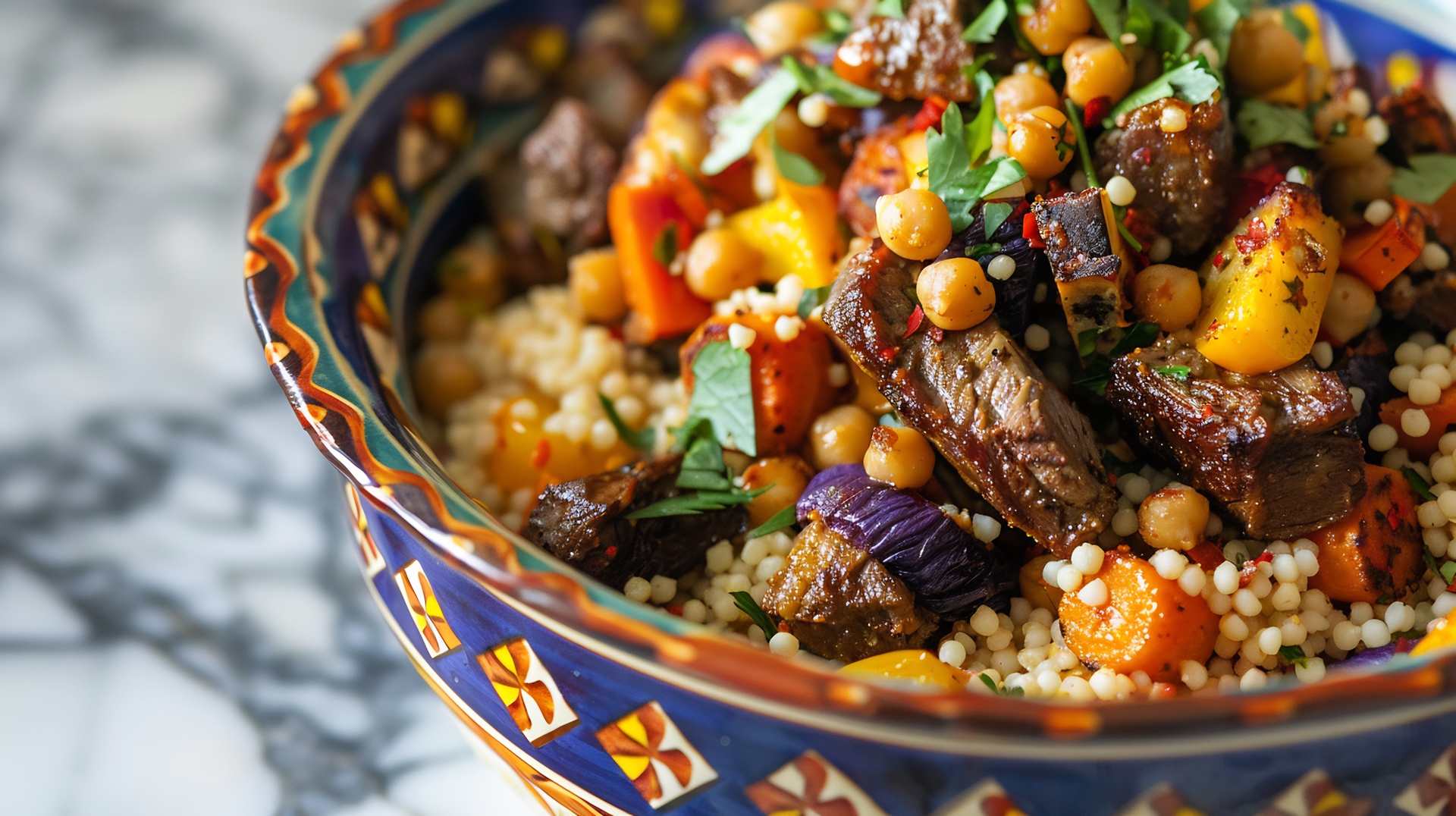 Overhead flat-lay of all ingredients for Spiced Moroccan Lamb with Apricot and Almond Couscous laid out on a kitchen surface.