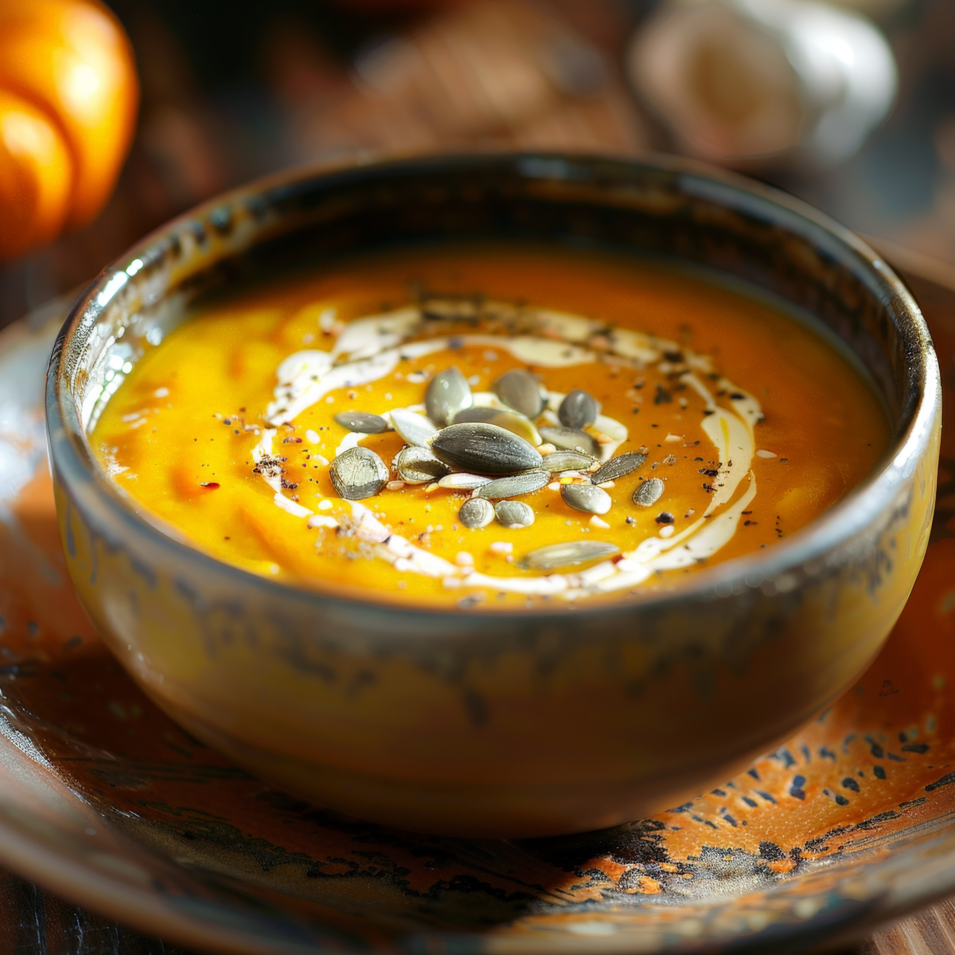 Overhead flat-lay of all ingredients for Spiced Moroccan Pumpkin Lentil Soup with Cinnamon and Harissa laid out on a kitchen surface.