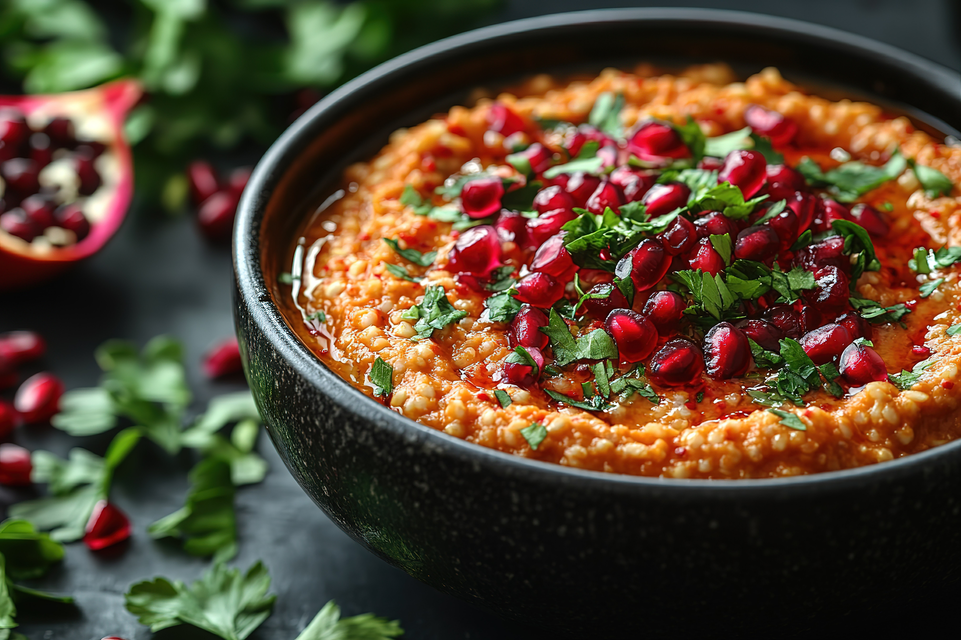 Overhead flat-lay of all ingredients for Spiced Persian Lentil and Pomegranate Soup with Mint laid out on a kitchen surface.