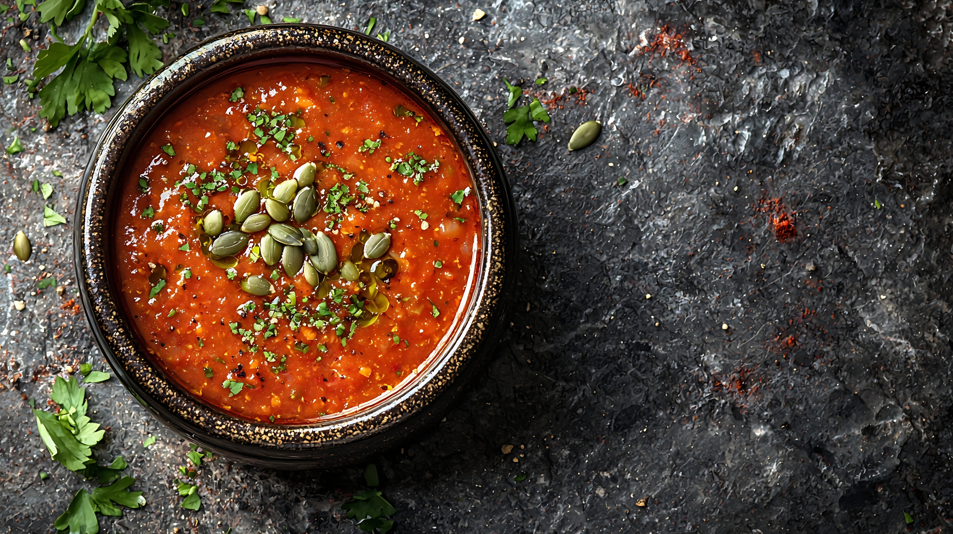 Spiced Persian Lentil and Pomegranate Soup with Mint — Soup served and photographed from above