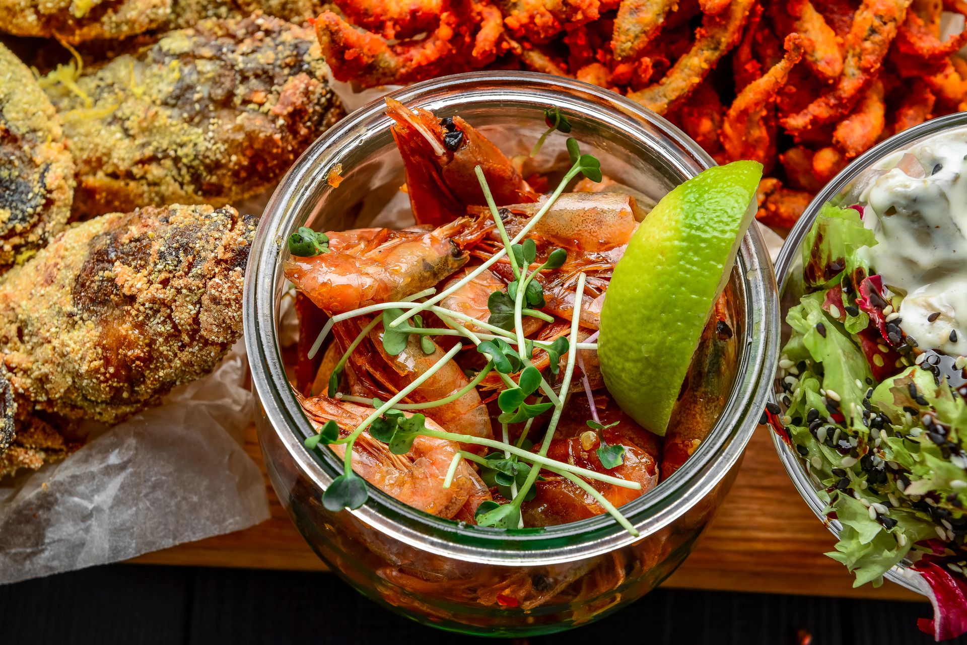 Overhead flat-lay of all ingredients for Spicy Belizean Garnaches laid out on a kitchen surface.