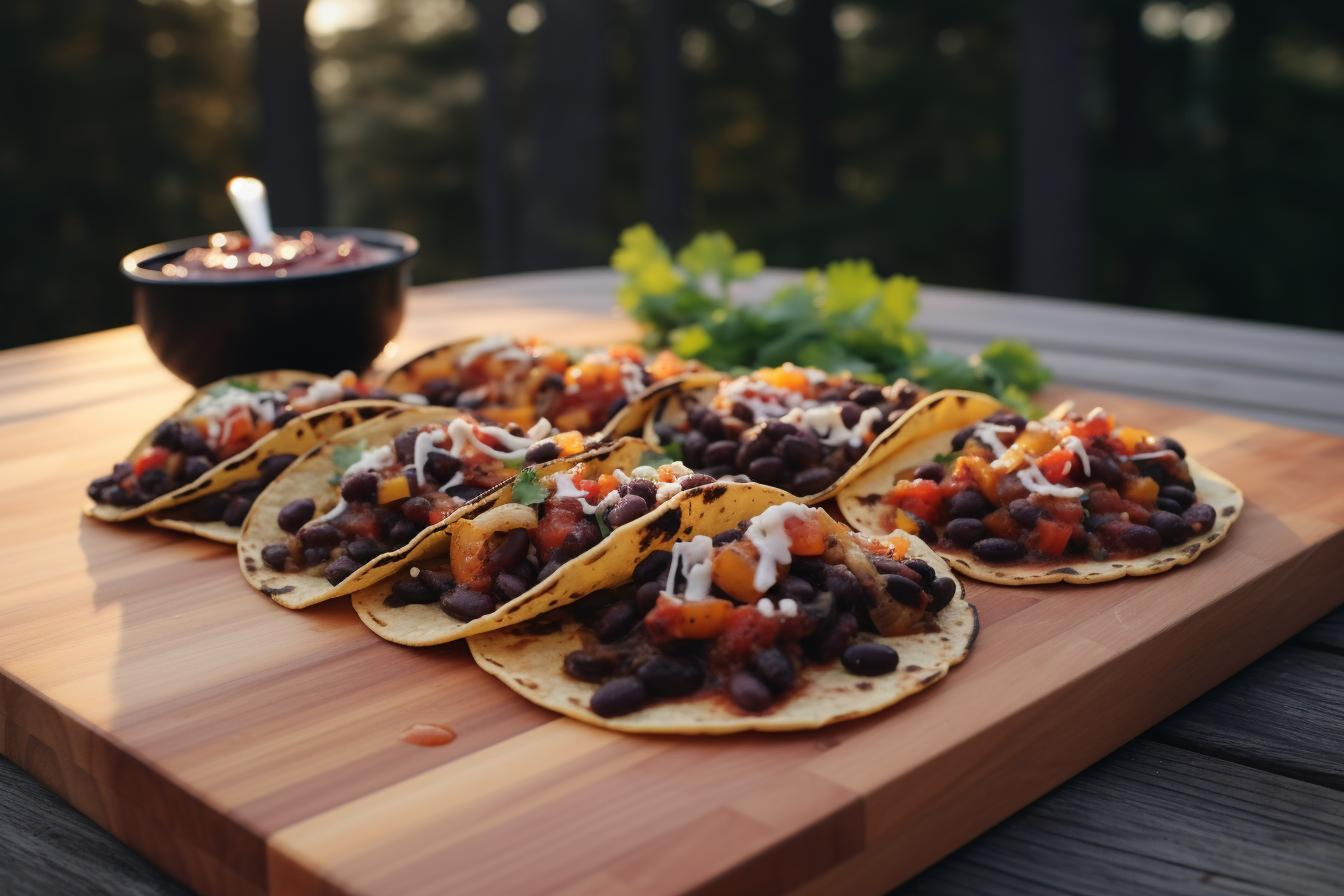 Overhead flat-lay of all ingredients for Spicy Brazilian Feijoada Tacos with Orange Pico de Gallo laid out on a kitchen surface.