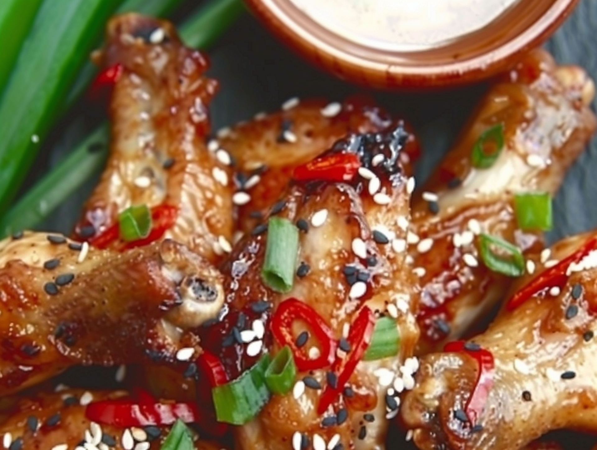 Overhead flat-lay of all ingredients for Spicy Caribbean Mango-Habanero Chicken Wings laid out on a kitchen surface.