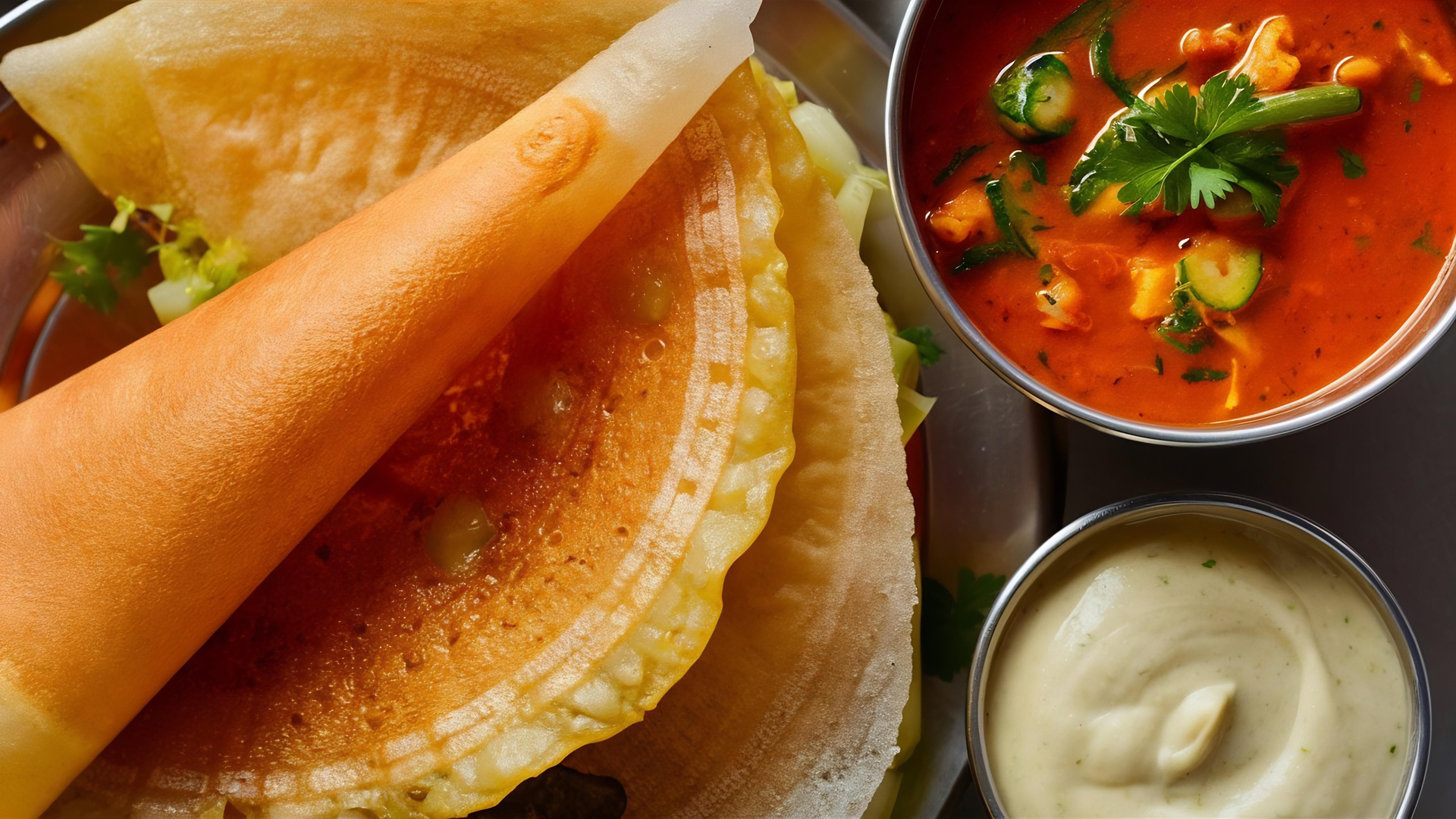 Overhead flat-lay of all ingredients for Spicy Chettinad Masala Dosa with Potato Filling and Coconut Chutney laid out on a kitchen surface.