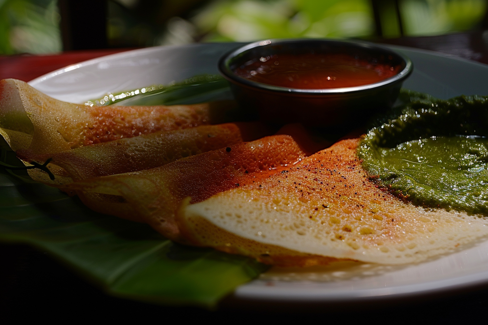 Spicy Chettinad Masala Dosa with Potato Filling and Coconut Chutney — Main Course served and photographed from above