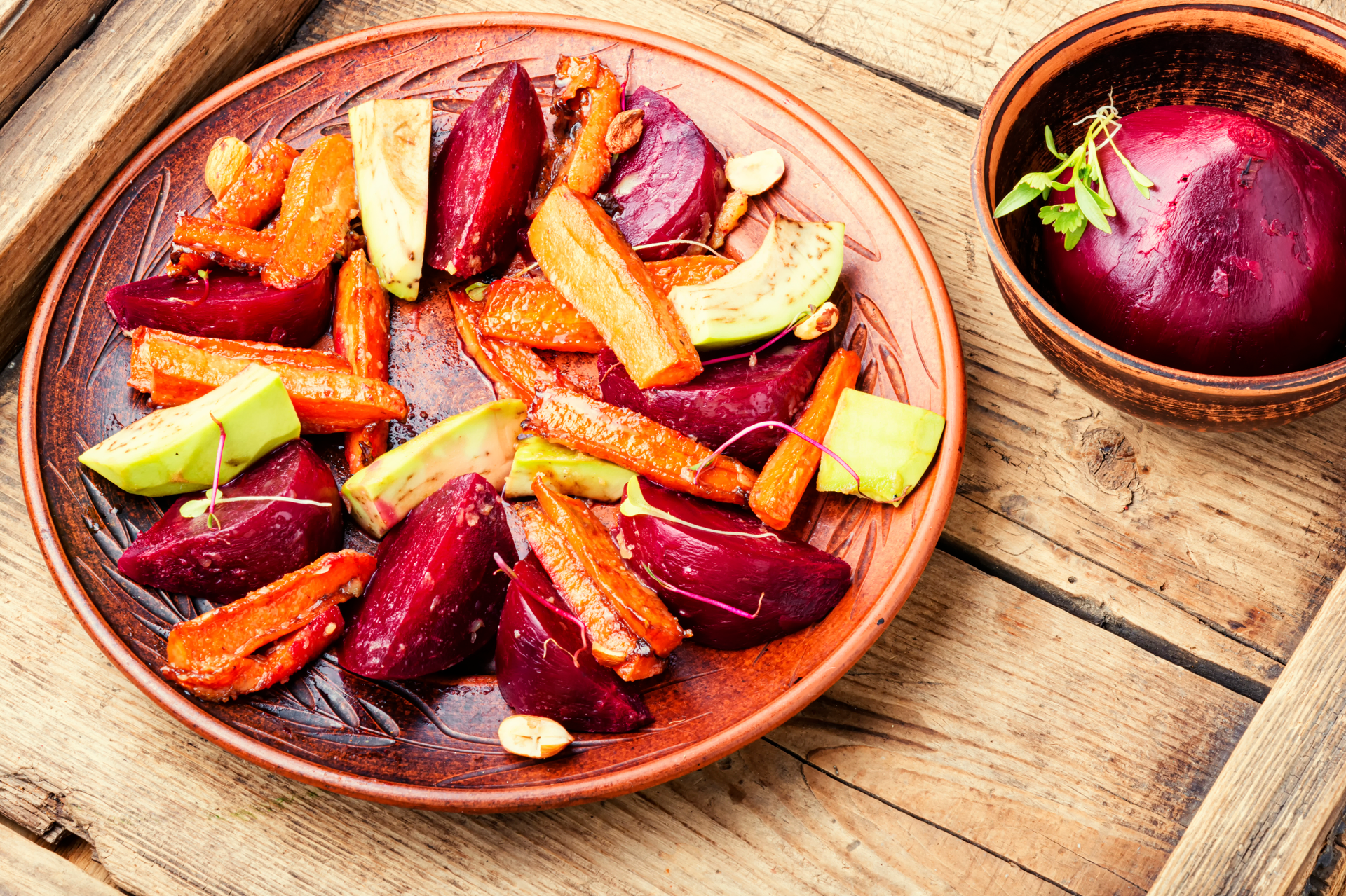 Overhead flat-lay of all ingredients for Spicy Ghanaian Shito-Fried Plantains with Beetroot Salsa laid out on a kitchen surface.