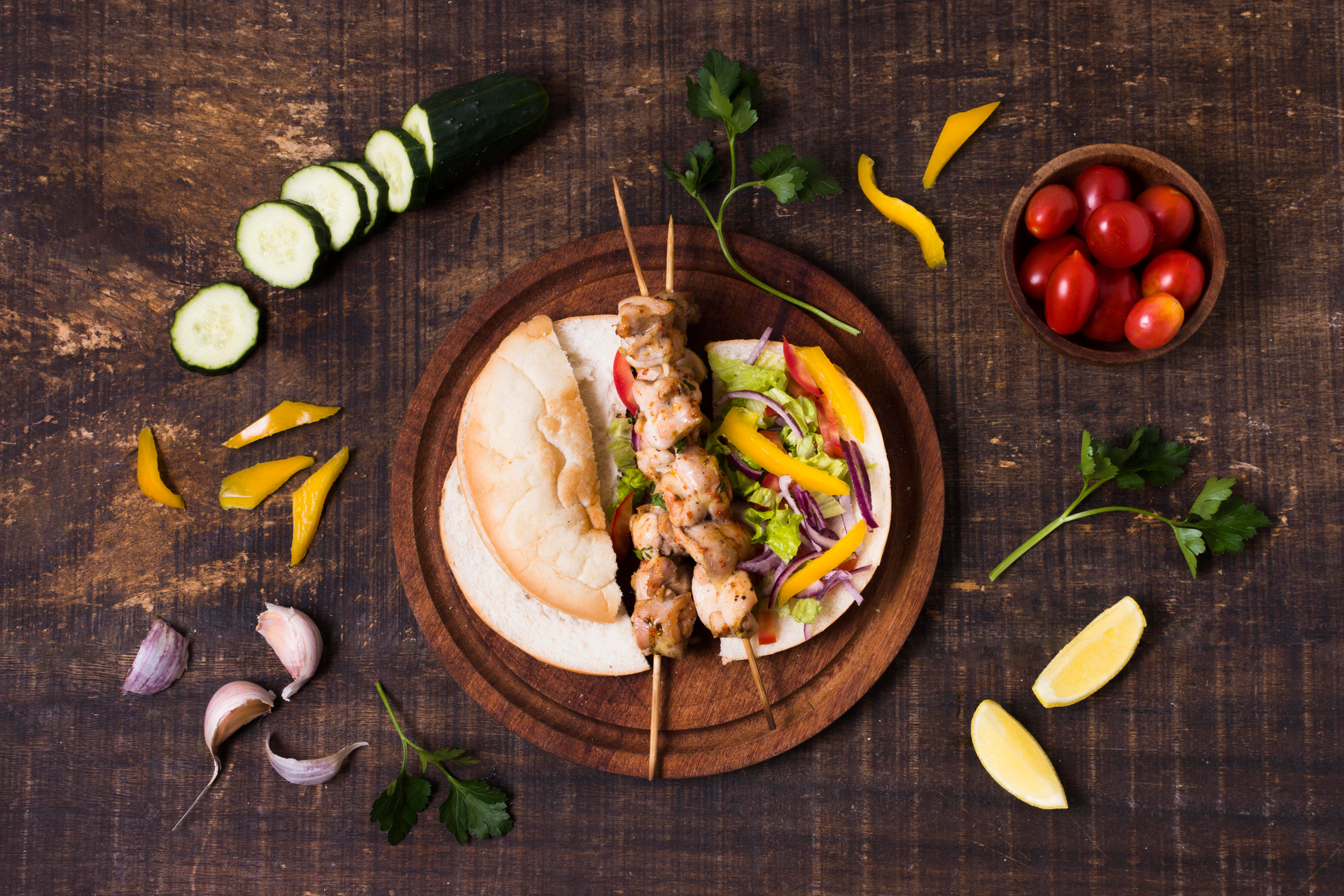 Spicy Greek Lamb Souvlaki — Main Course served and photographed from above
