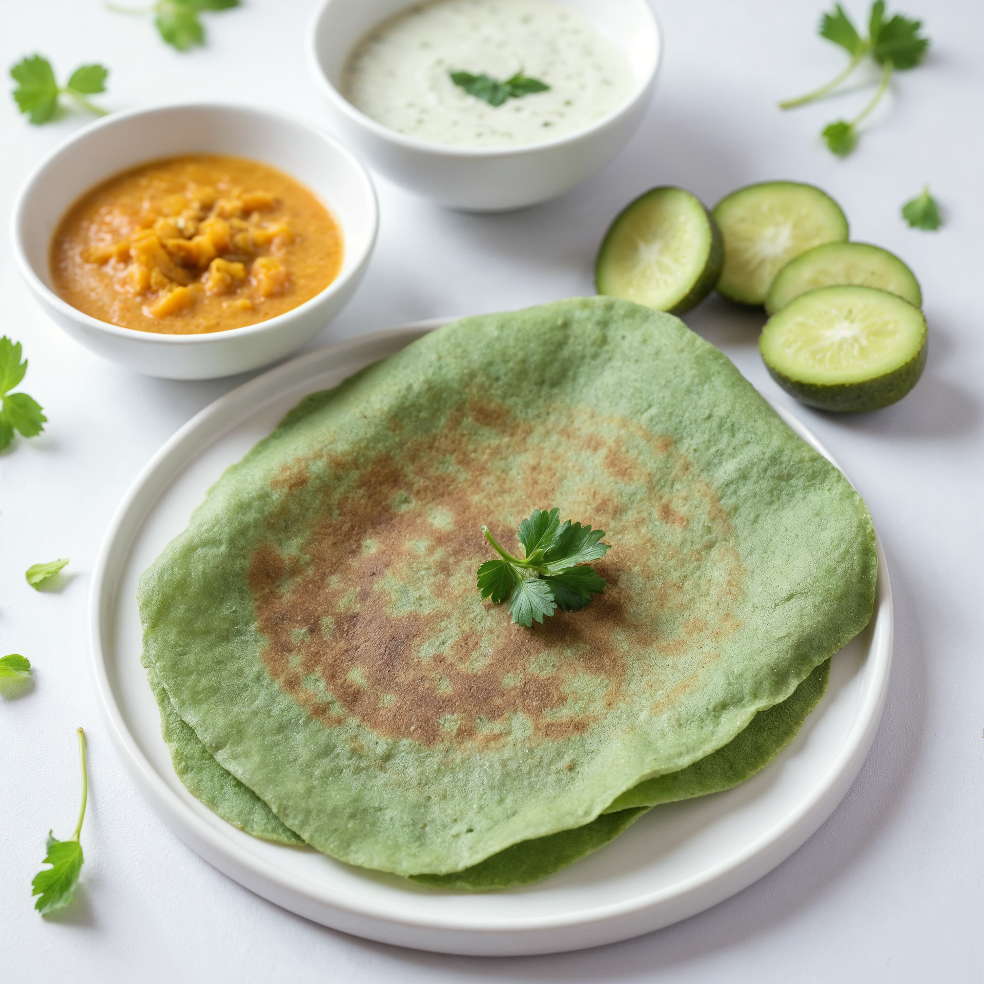Spicy Indian Teff Dosas with Mint Chutney — Main Course served and photographed from above