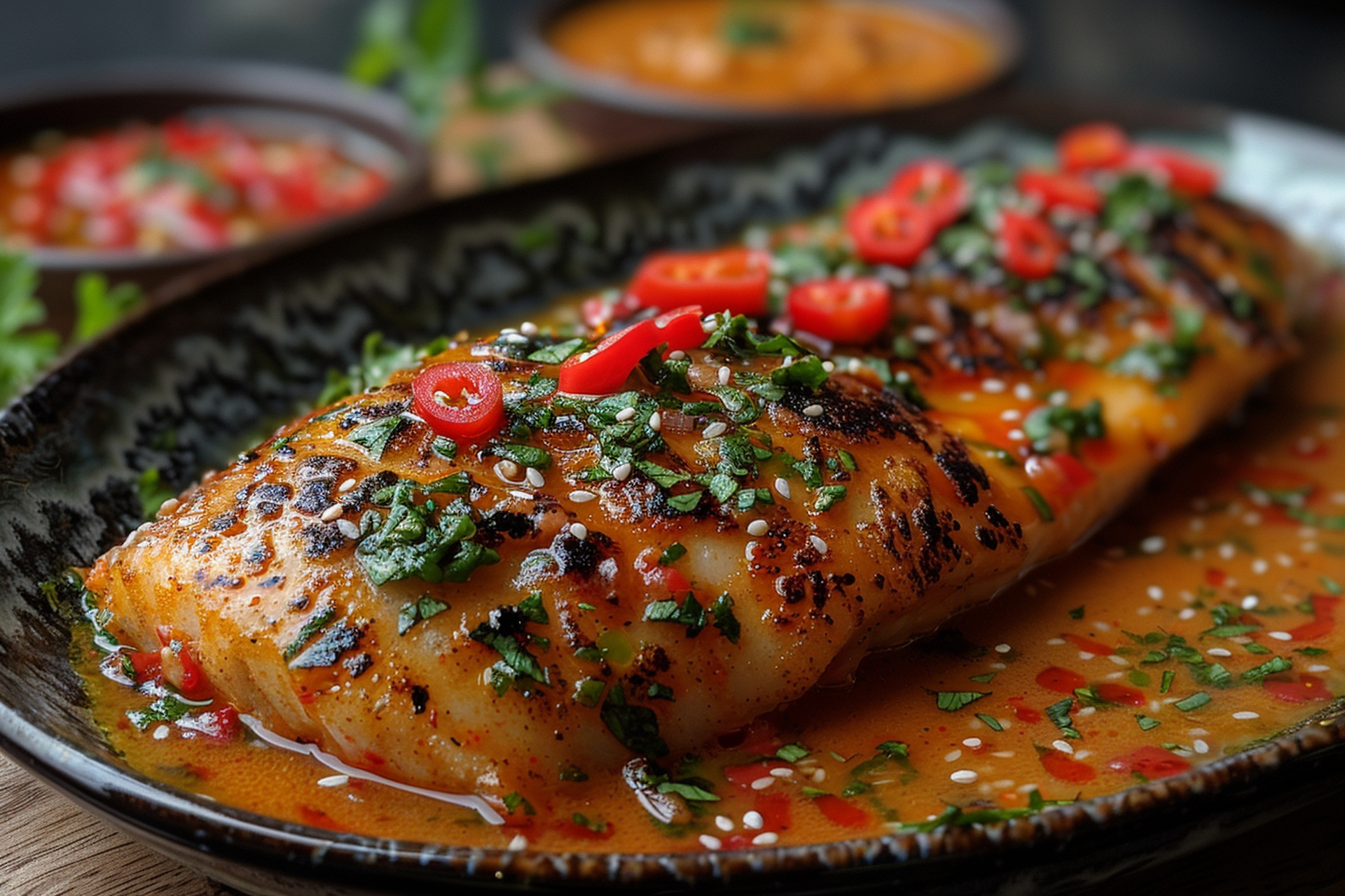Spicy Jamaican Escovitch Fish with Scotch Bonnet Marinade — Main Course served and photographed from above