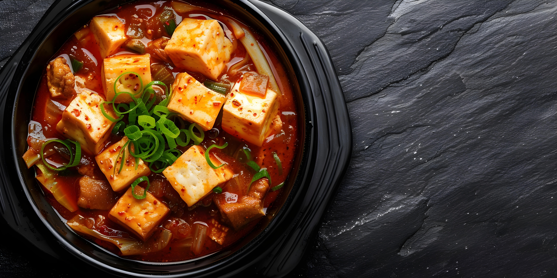 Overhead flat-lay of all ingredients for Korean kimchi stew with silken tofu recipe laid out on a kitchen surface.