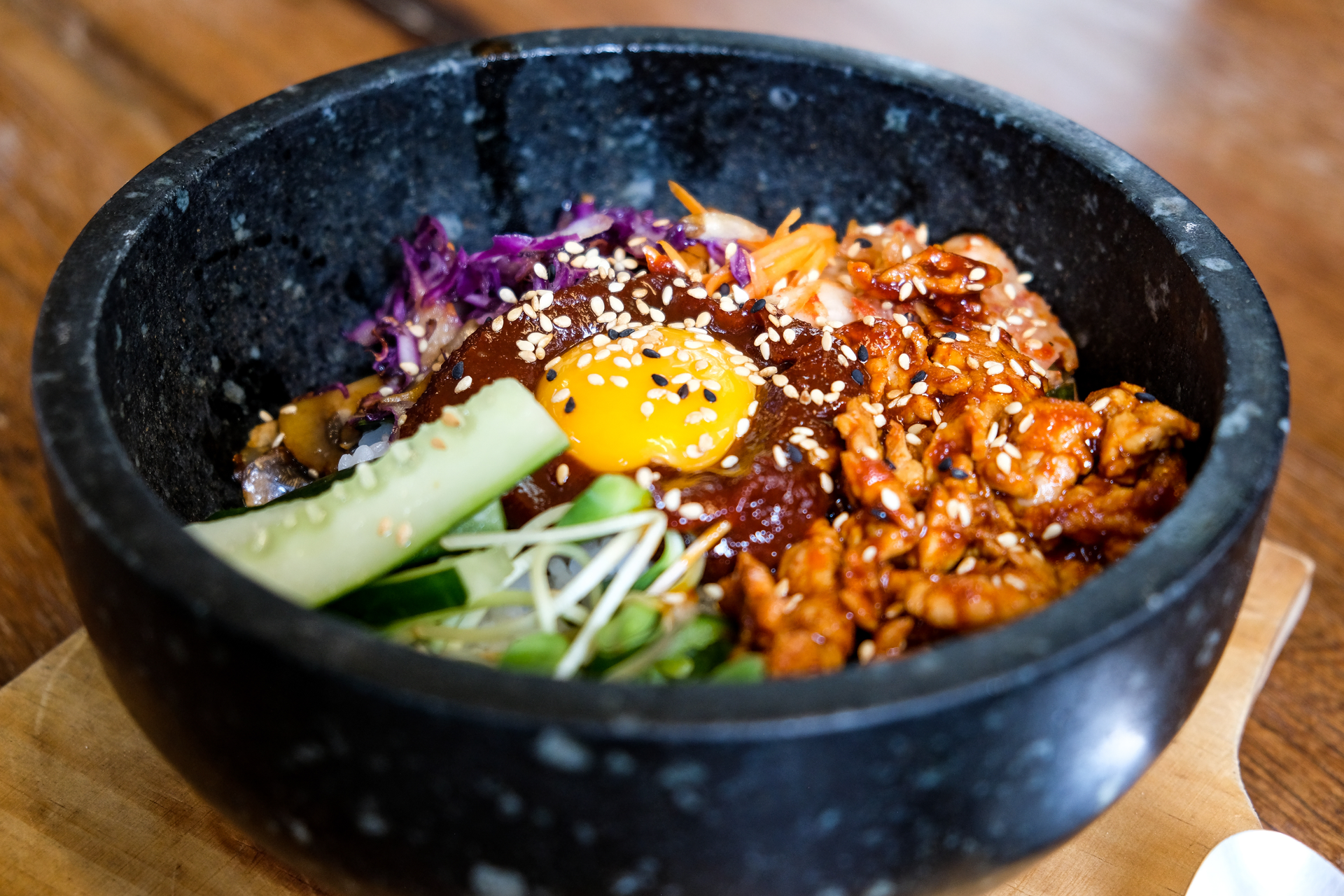 Spicy Korean Tuna Bibimbap with Sesame Dressing — Main Course served and photographed from above