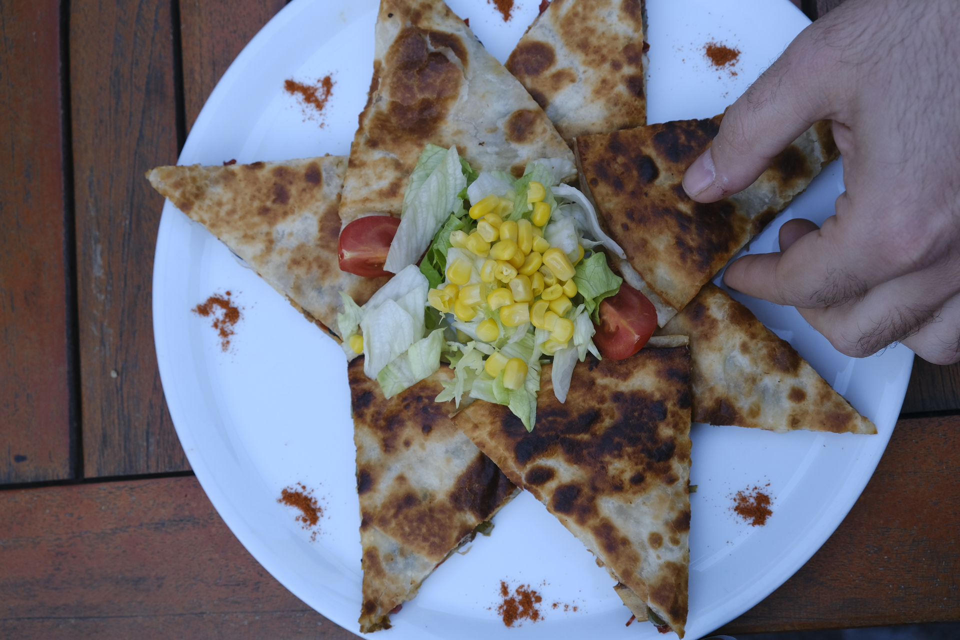 Spicy Mexican Mole-Infused Corn and Chorizo Quesadillas — Main Course served and photographed from above