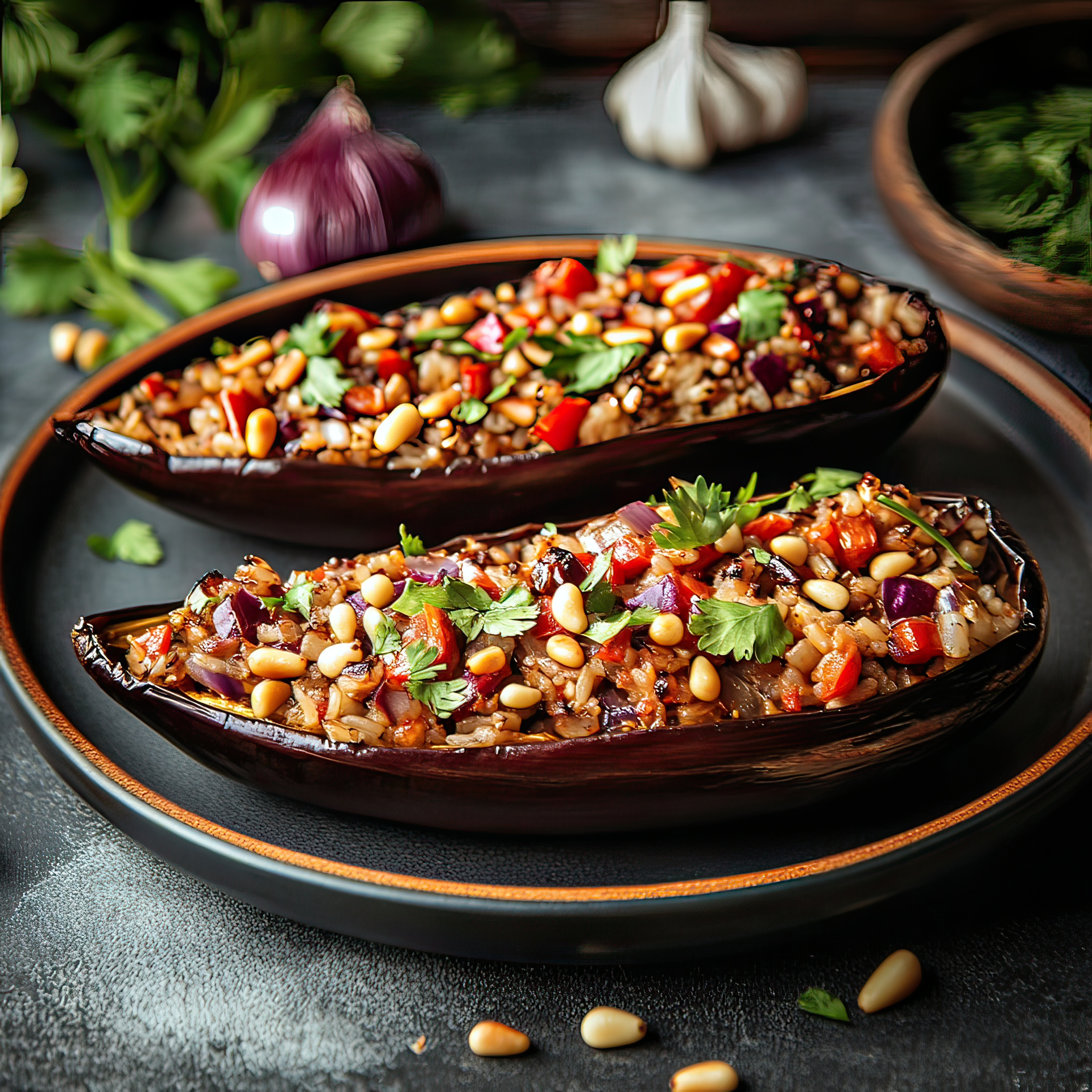 Overhead flat-lay of all ingredients for Spicy Moroccan Harissa Eggplant with Chickpeas laid out on a kitchen surface.