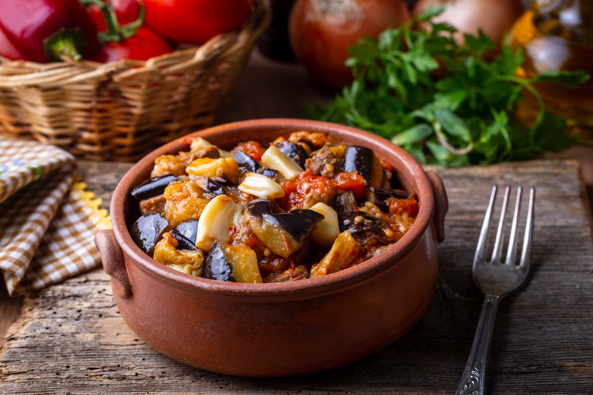 Spicy Moroccan Zaalouk with Eggplant and Tomatoes — Side Dish served and photographed from above