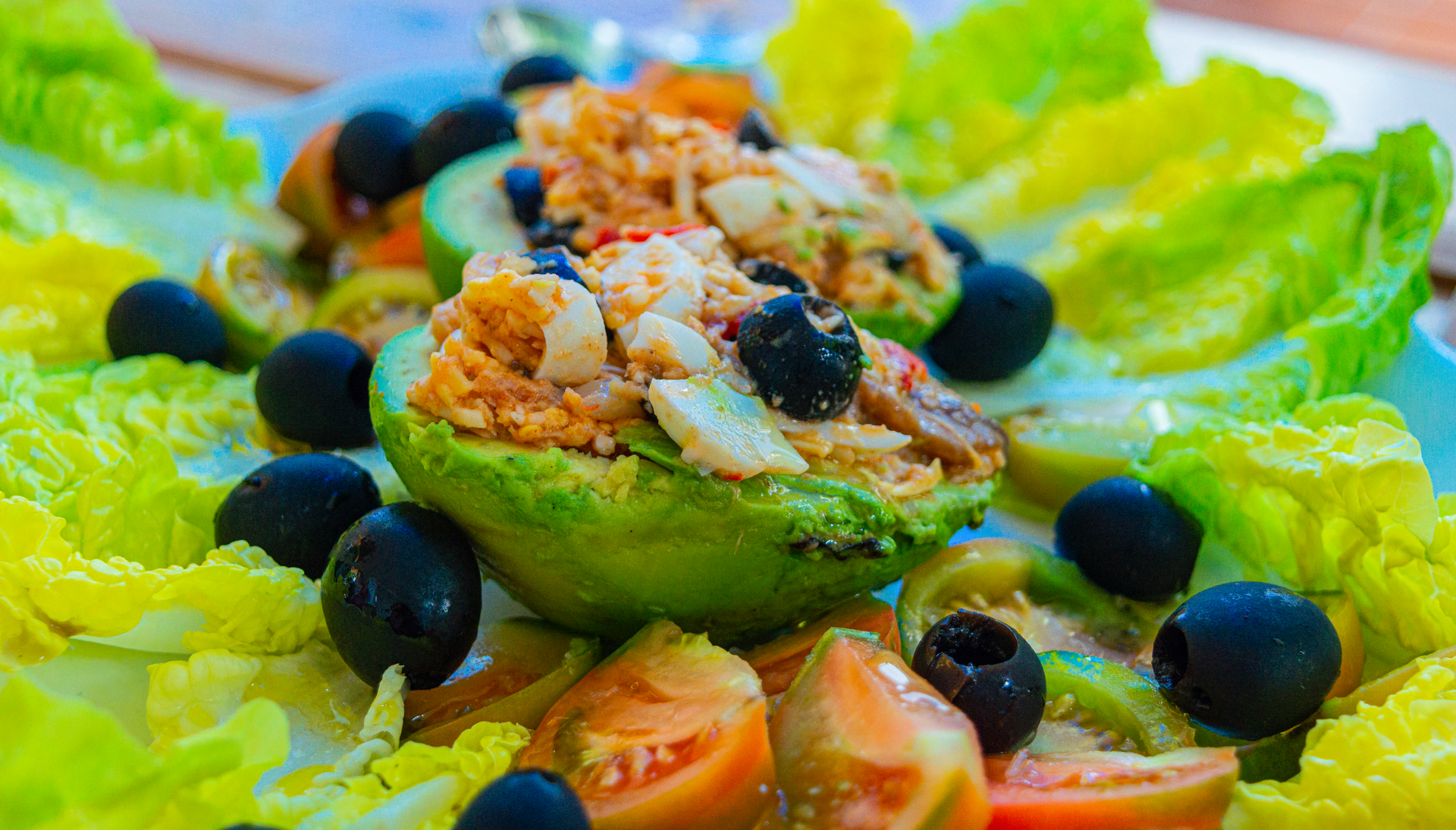 Spicy Peruvian Avocado Relleno with Quinoa Salad — Main Course served and photographed from above