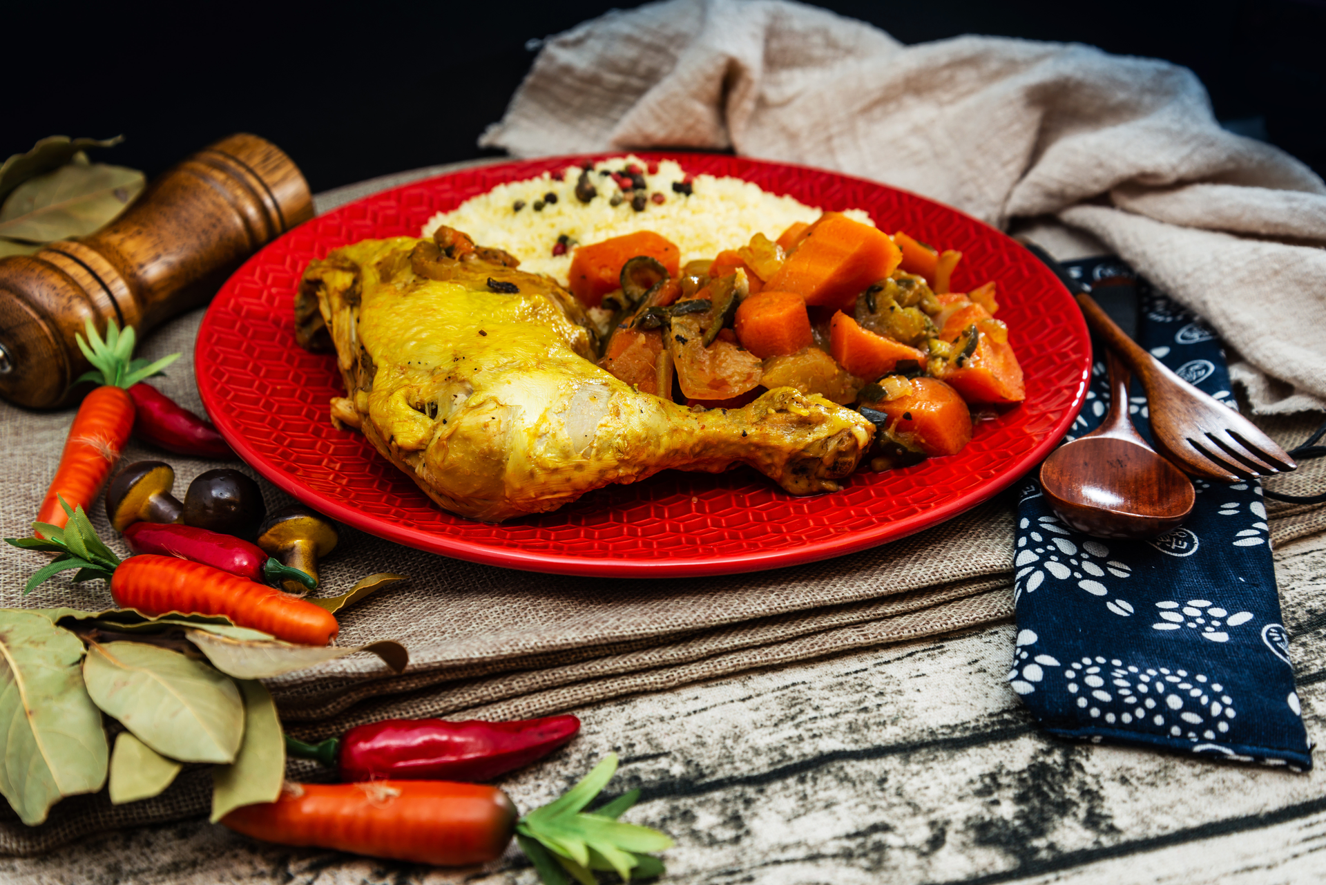 Overhead flat-lay of all ingredients for Spicy Senegalese Chicken Yassa with Caramelized Onions laid out on a kitchen surface.