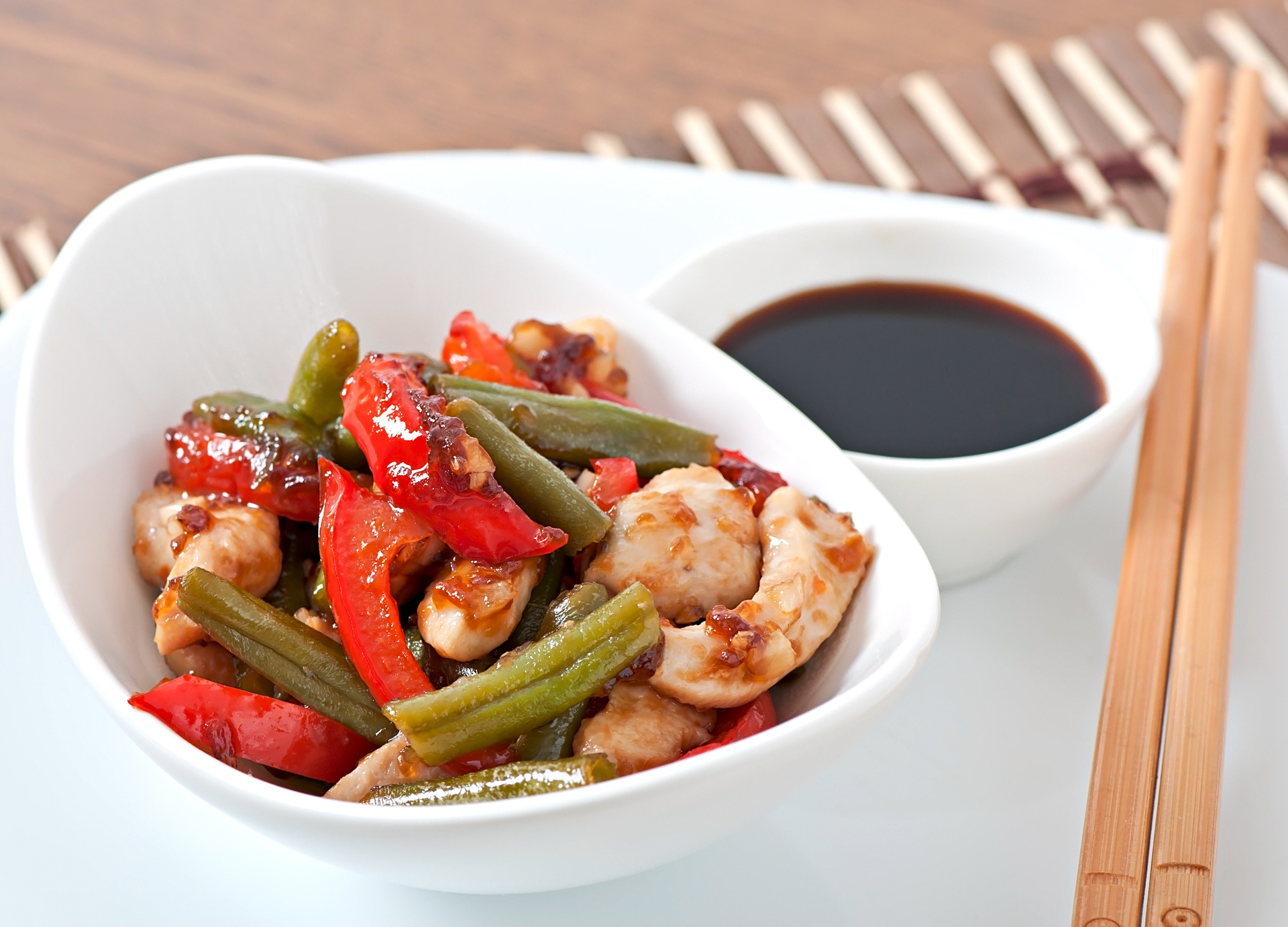 Spicy Sichuan Kung Pao Chicken with Peanuts — Main Course served and photographed from above