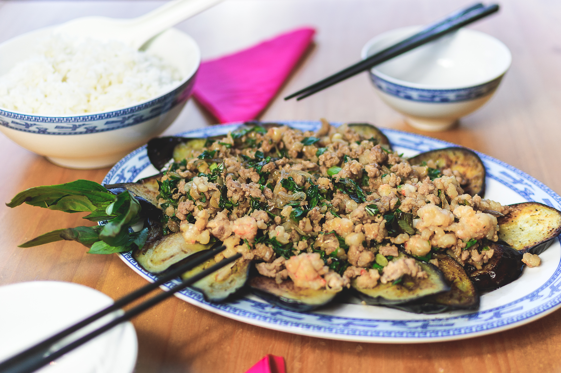 Spicy Thai Basil Eggplant Stir-Fry with Sesame — Main Course served and photographed from above