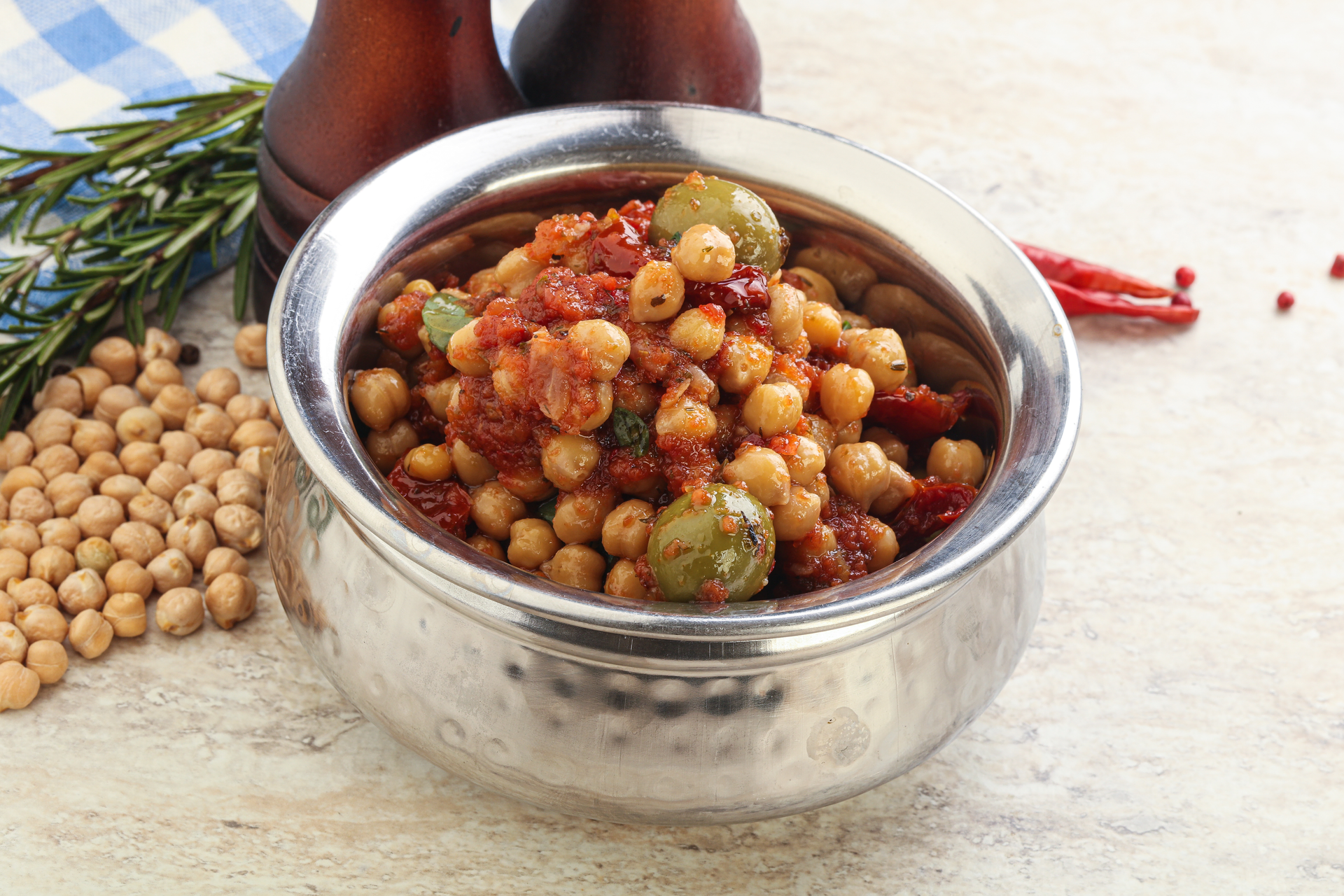 Spicy Tunisian Chickpea Ragout with Harissa and Mint — Main Course served and photographed from above