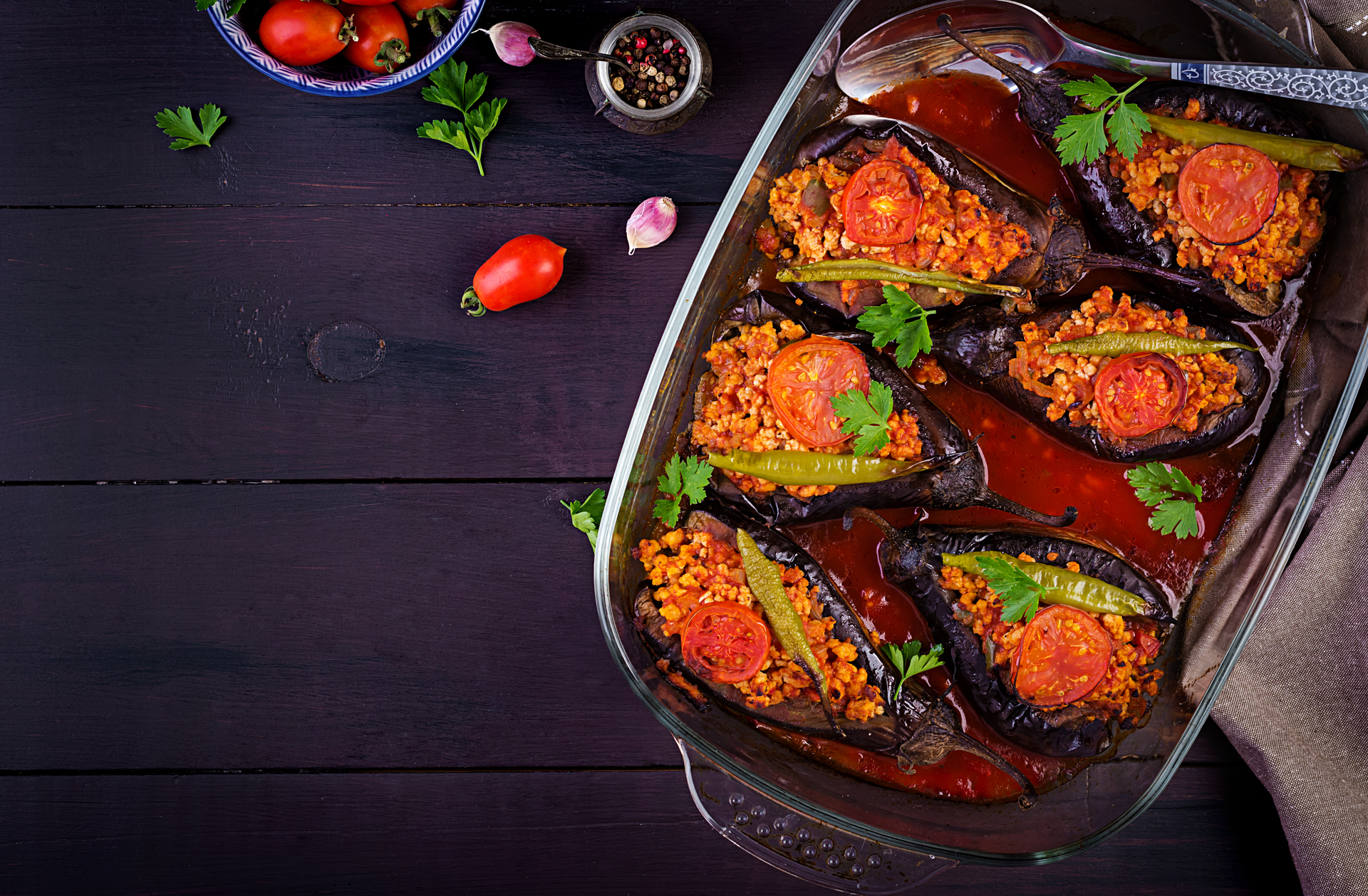 Spicy Tunisian Eggplant Casserole with Harissa and Mint — Main Course served and photographed from above