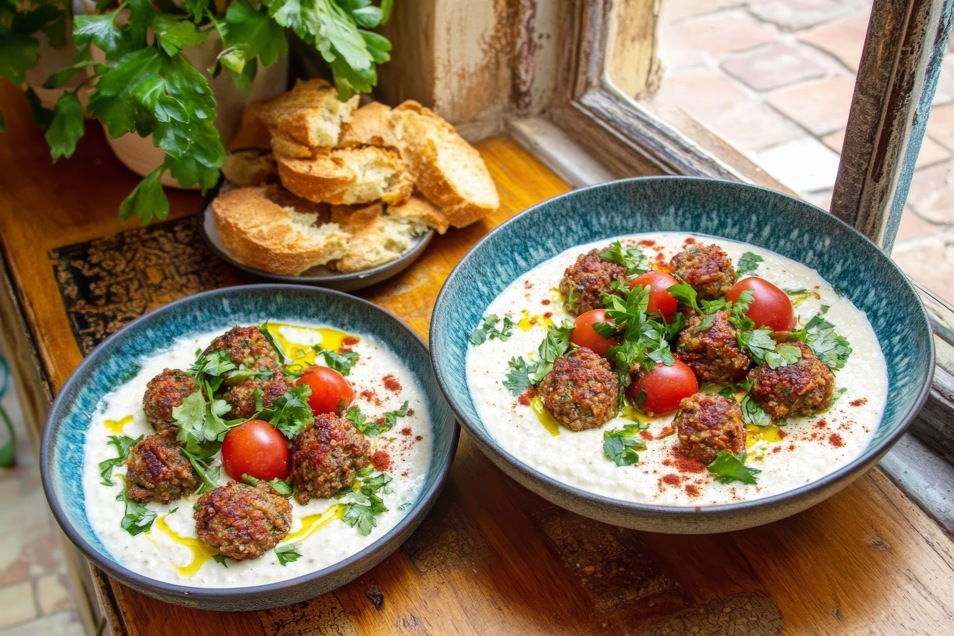 Overhead flat-lay of all ingredients for Spicy Tunisian Harissa Meatballs with Mint Yogurt laid out on a kitchen surface.